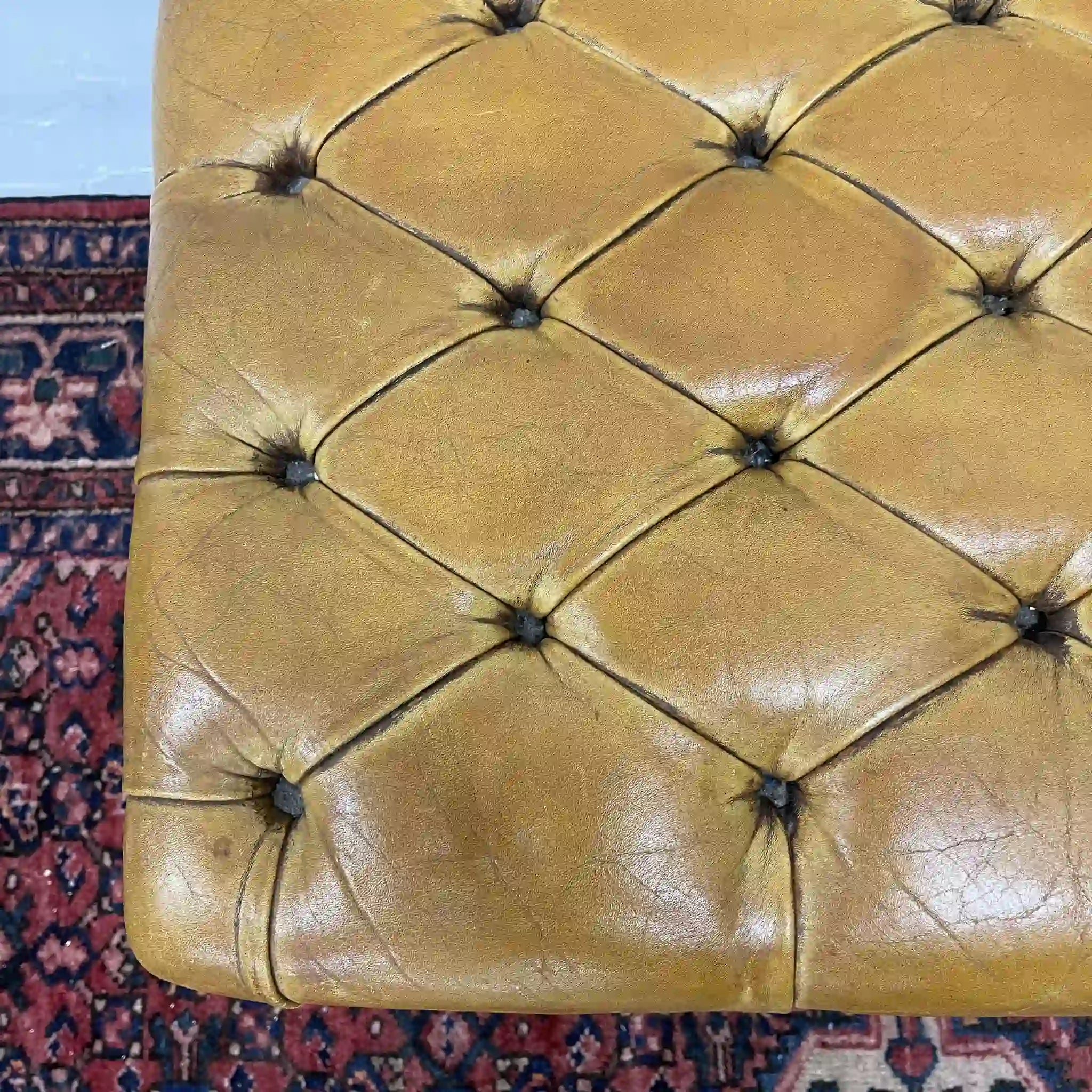 Ottoman (Chesterfield) / Late 20c / Genuine cow leather / British / Square leg, leather bench, British vintage, store fixtures, industrial furniture, tufting, wood frame / [Vintage]