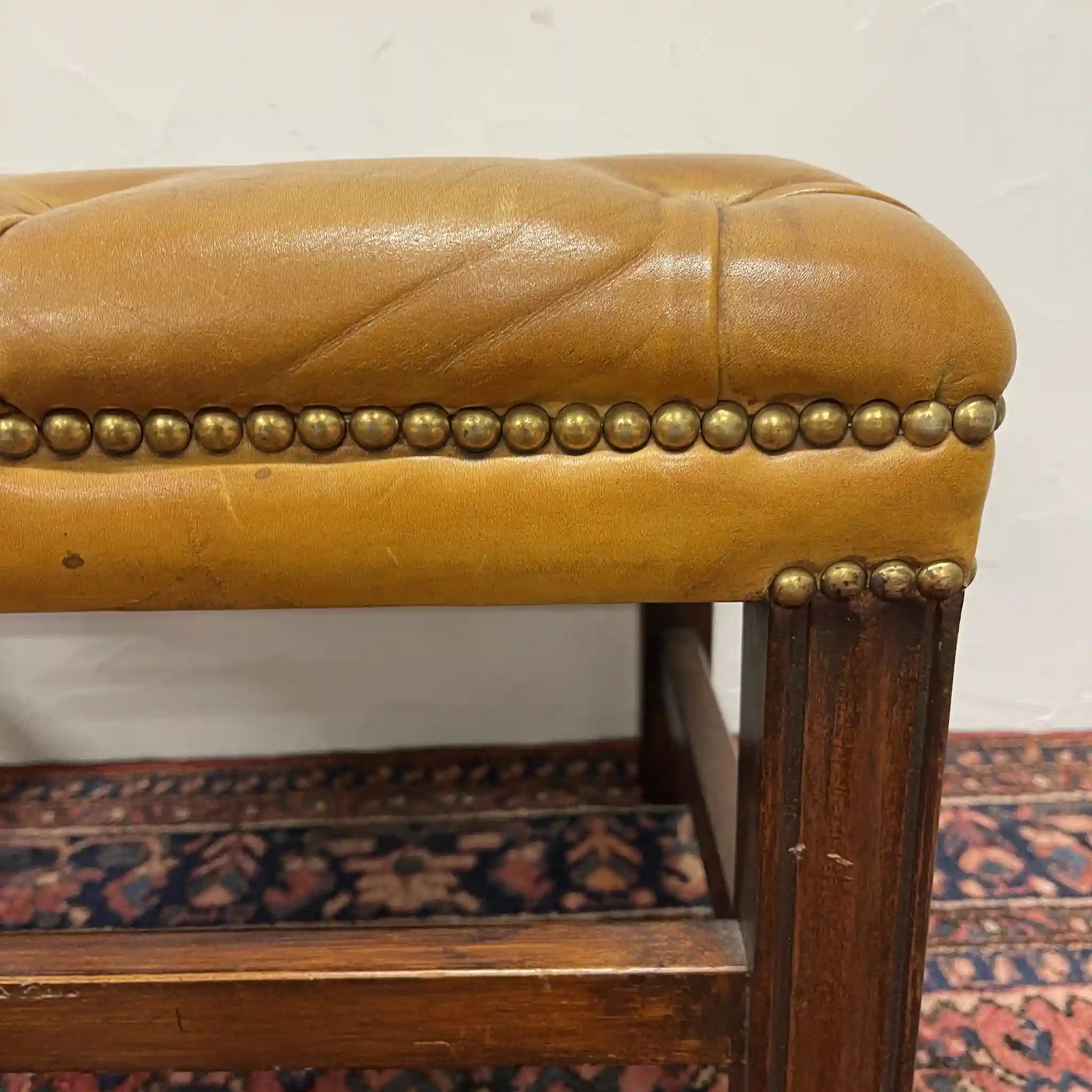 Ottoman (Chesterfield) / Late 20c / Genuine cow leather / British / Square leg, leather bench, British vintage, store fixtures, industrial furniture, tufting, wood frame / [Vintage]