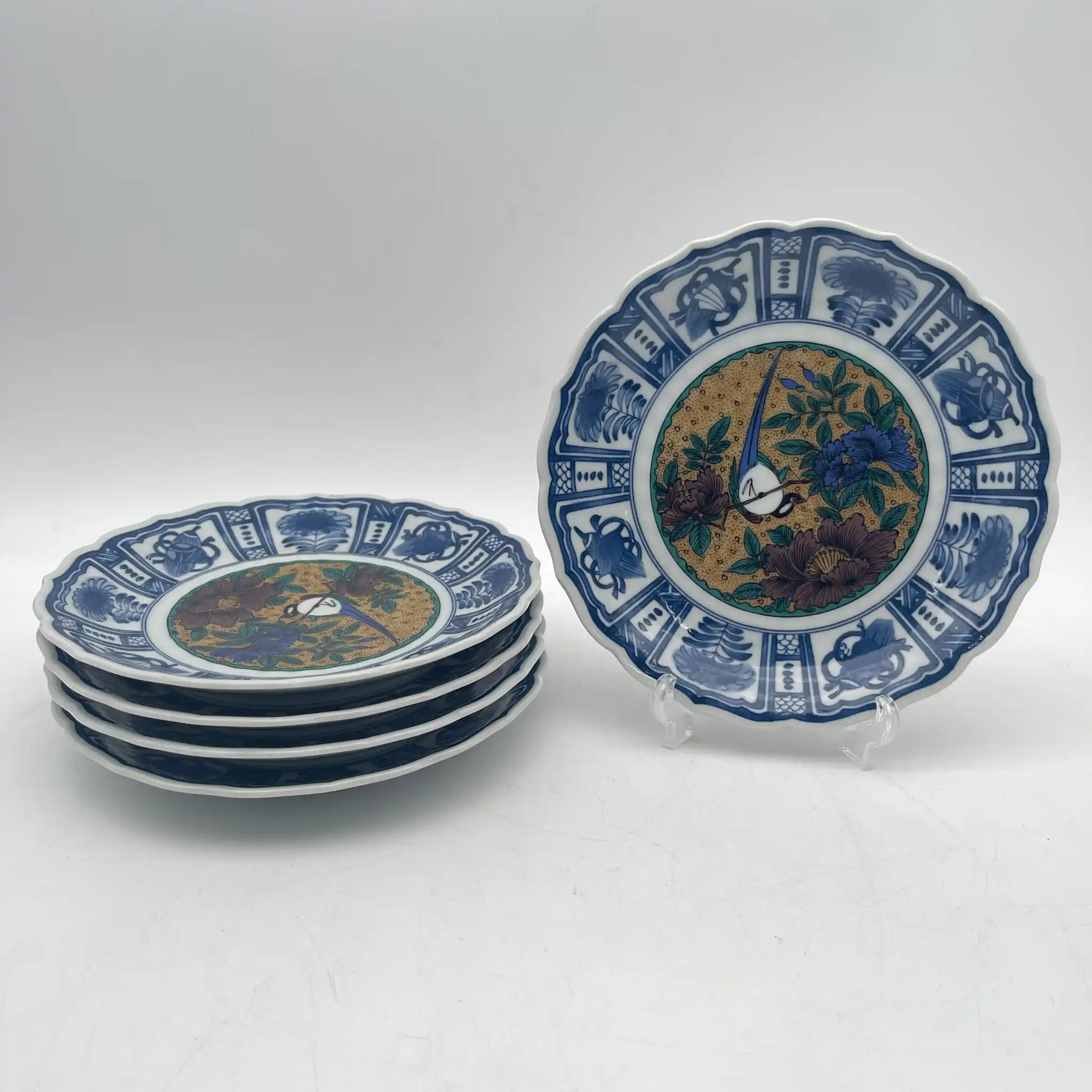 九谷焼 / 中皿5P / 暁堂（ギョウドウ） / 1970-90s / 磁器 / 日本 / 輪花皿,牡丹文,花鳥図 / [リユース]
