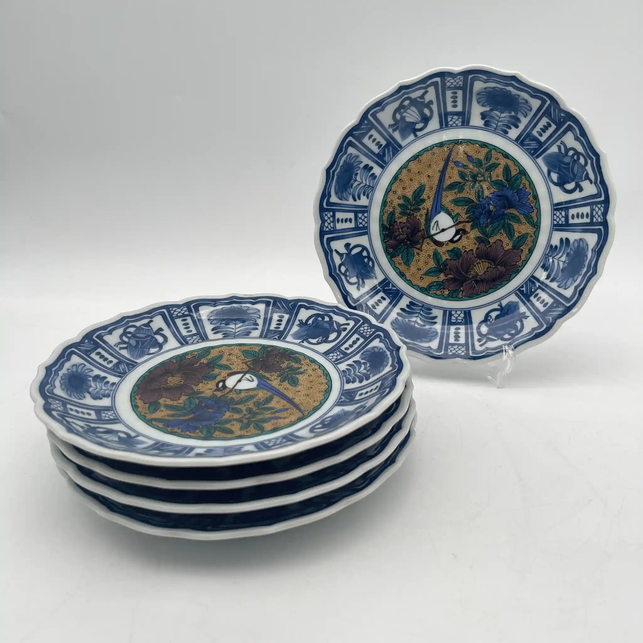 九谷焼 / 中皿5P / 暁堂（ギョウドウ） / 1970-90s / 磁器 / 日本 / 輪花皿,牡丹文,花鳥図 / [リユース]