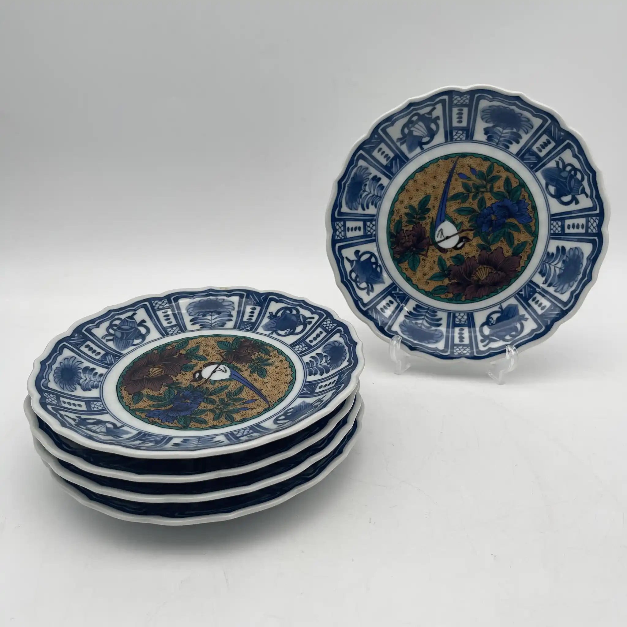 九谷焼 / 中皿5P / 暁堂（ギョウドウ） / 1970-90s / 磁器 / 日本 / 輪花皿,牡丹文,花鳥図 / [リユース]