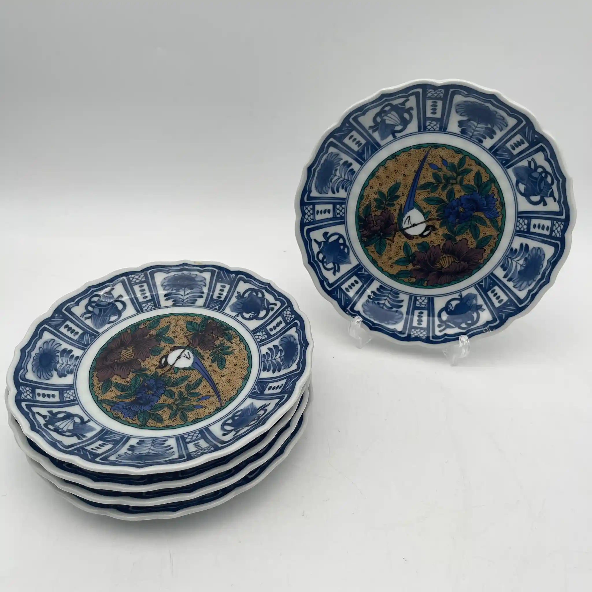九谷焼 / 中皿5P / 暁堂（ギョウドウ） / 1970-90s / 磁器 / 日本 / 輪花皿,牡丹文,花鳥図 / [リユース]