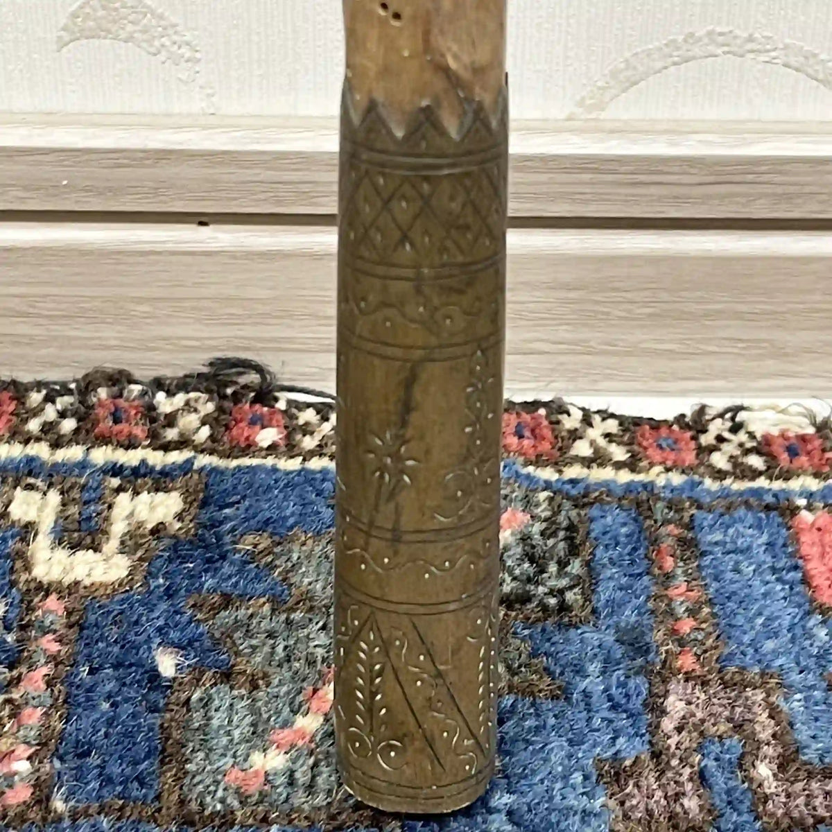 手杖/古董黄铜旋转旋钮和编织皮革握把手杖/ 1950 - 1970年代/天然木材/ 黄铜编织，编织皮革把手，天然木轴/[复古]