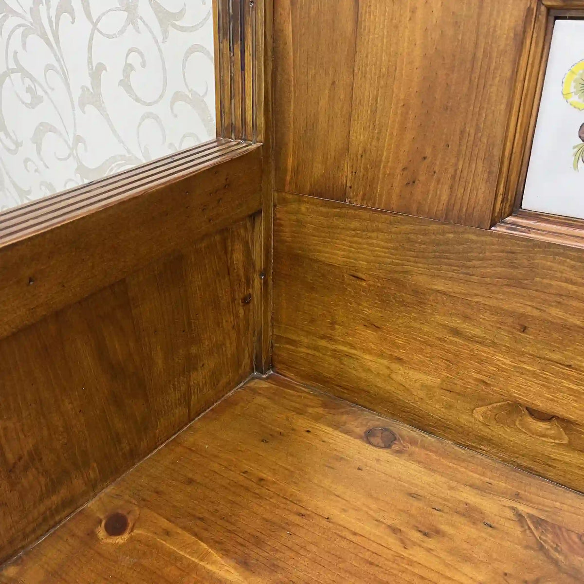 Church bench (3-seater chair) / 1980-90s / Solid pine / Spain / Hand painted tile, solid pine, drawer storage, country / [Vintage]