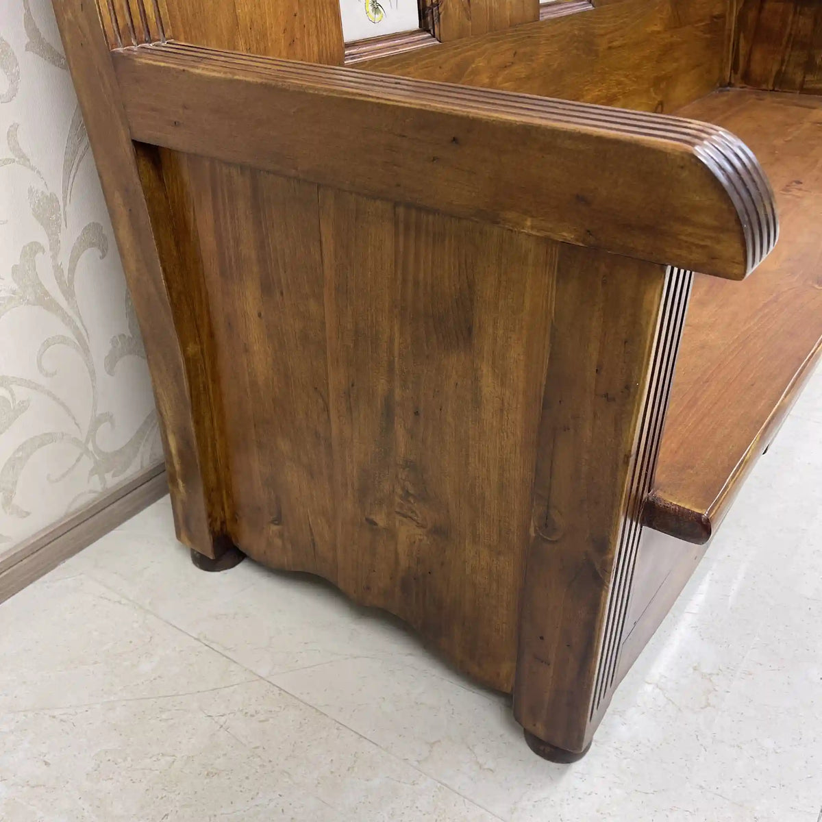 Church bench (3-seater chair) / 1980-90s / Solid pine / Spain / Hand painted tile, solid pine, drawer storage, country / [Vintage]
