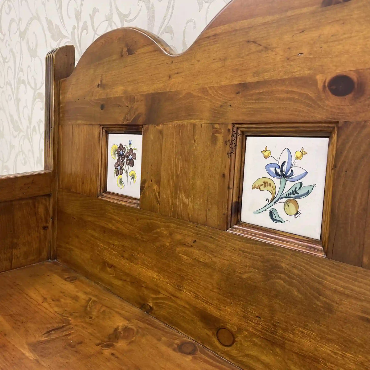 Church bench (3-seater chair) / 1980-90s / Solid pine / Spain / Hand painted tile, solid pine, drawer storage, country / [Vintage]