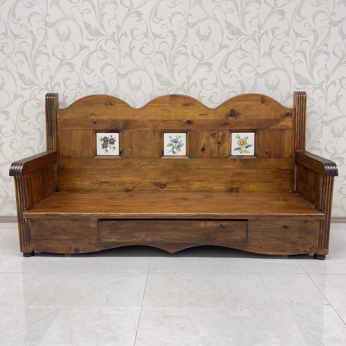 Church bench (3-seater chair) / 1980-90s / Solid pine / Spain / Hand painted tile, solid pine, drawer storage, country / [Vintage]
