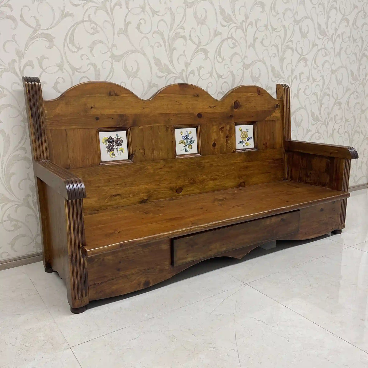 Church bench (3-seater chair) / 1980-90s / Solid pine / Spain / Hand painted tile, solid pine, drawer storage, country / [Vintage]