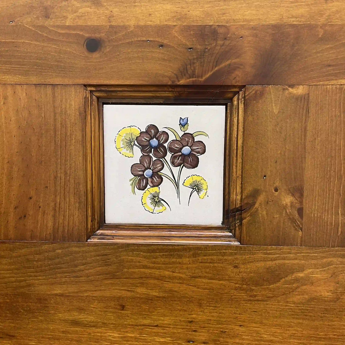 Church bench (3-seater chair) / 1980-90s / Solid pine / Spain / Hand painted tile, solid pine, drawer storage, country / [Vintage]