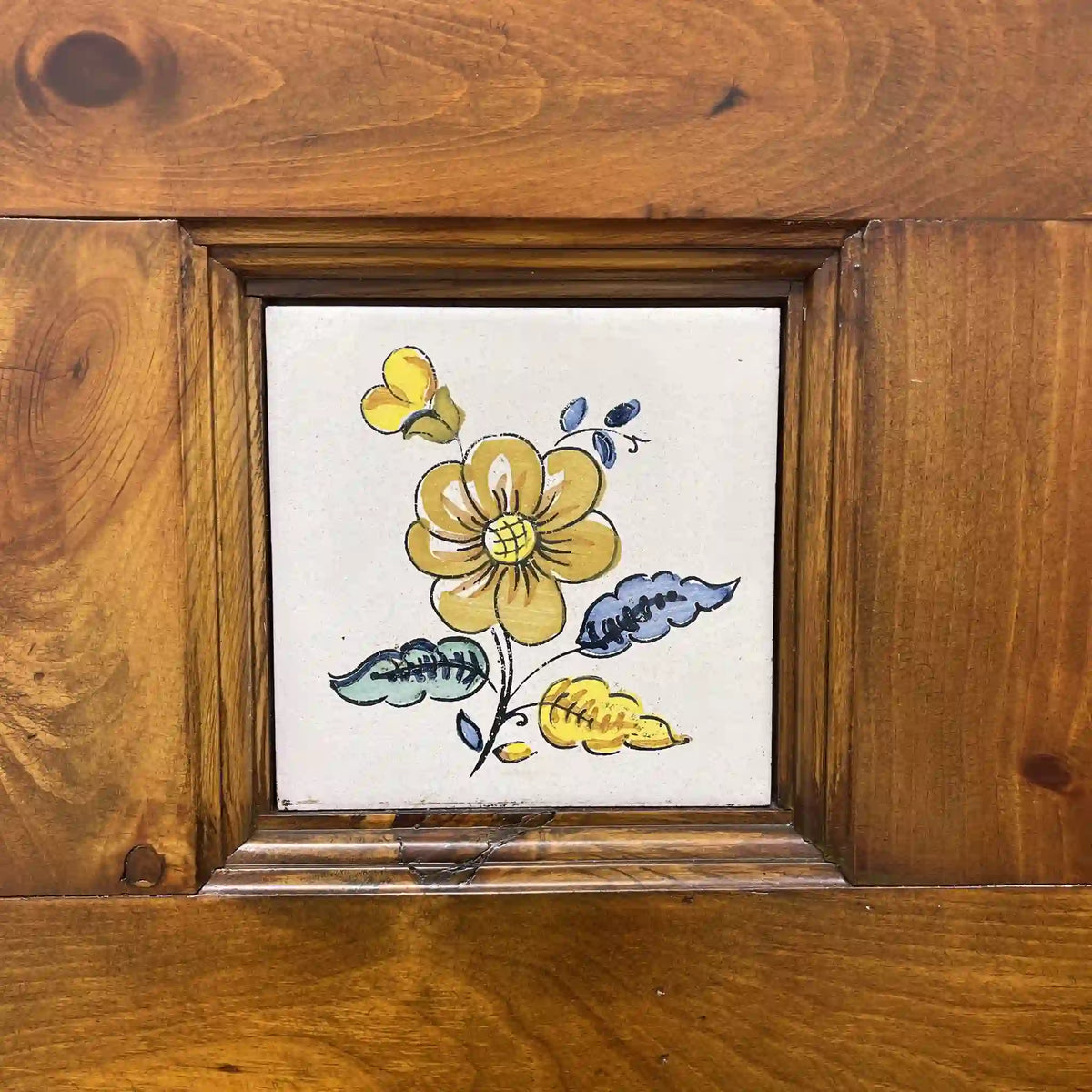Church bench (3-seater chair) / 1980-90s / Solid pine / Spain / Hand painted tile, solid pine, drawer storage, country / [Vintage]