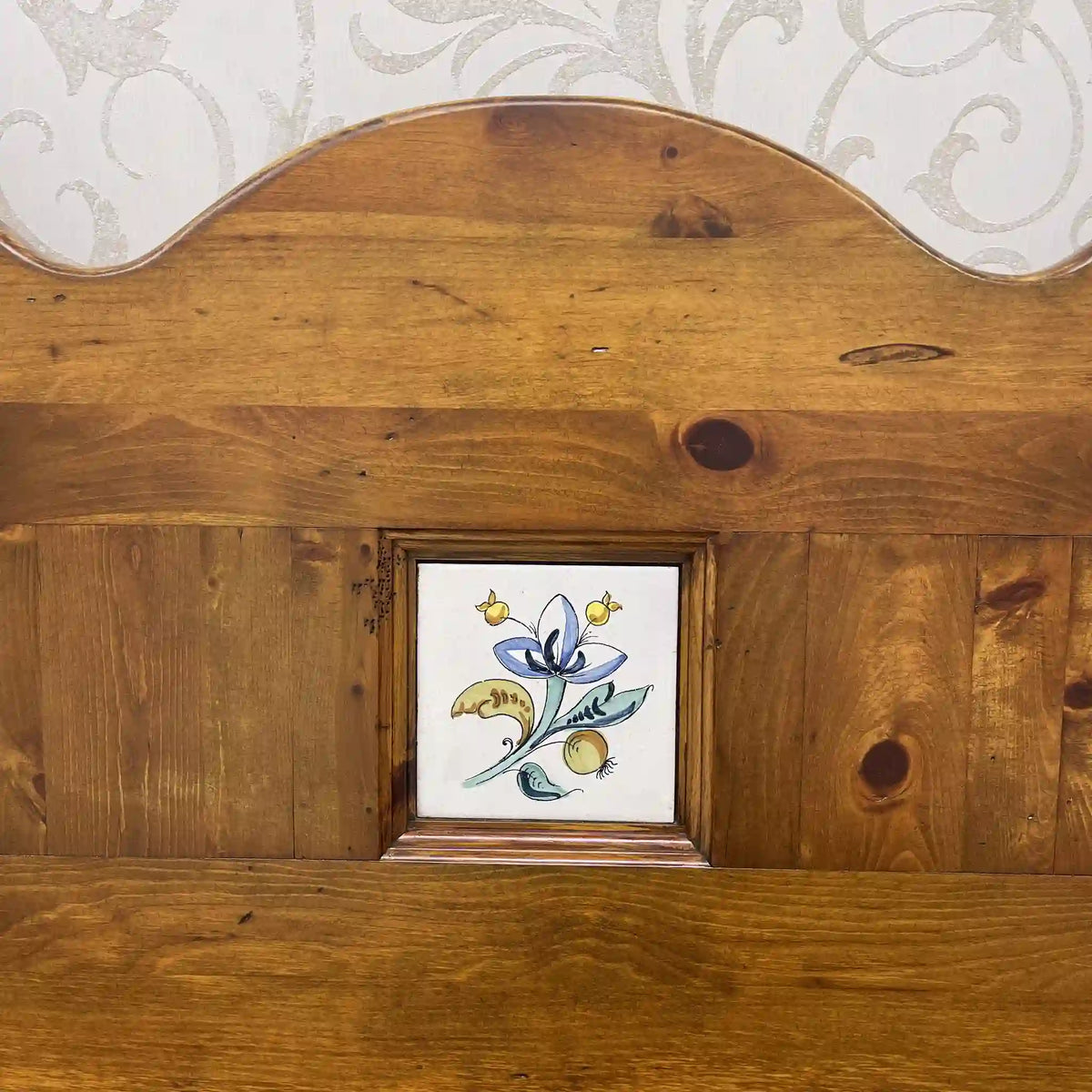 Church bench (3-seater chair) / 1980-90s / Solid pine / Spain / Hand painted tile, solid pine, drawer storage, country / [Vintage]