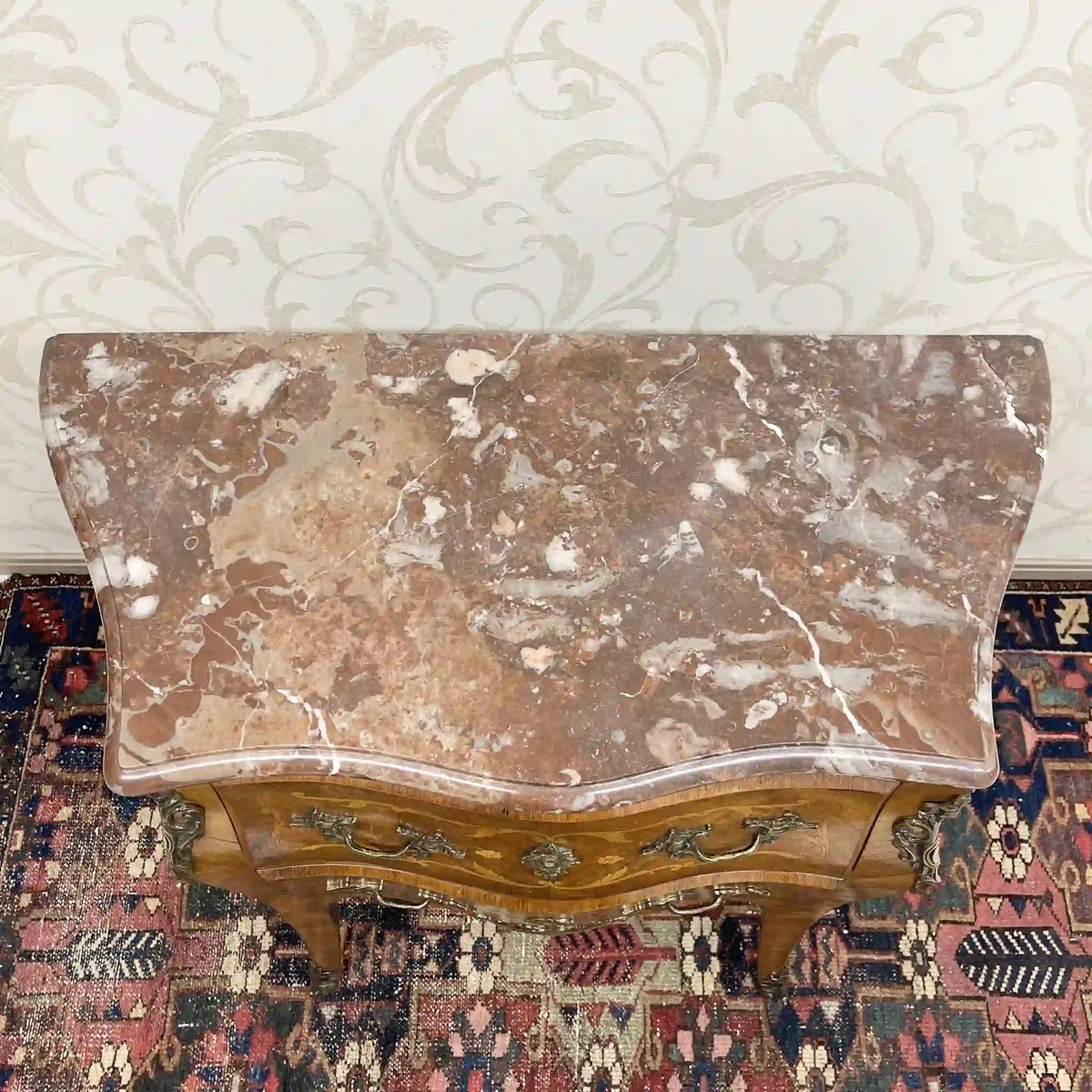 Wooden two-tiered chest (side chest) / Louis XV style / mid-late 20c / walnut / France / no lock, cat legs, inlay, marble top, petite commode, console, storage / [Antique]