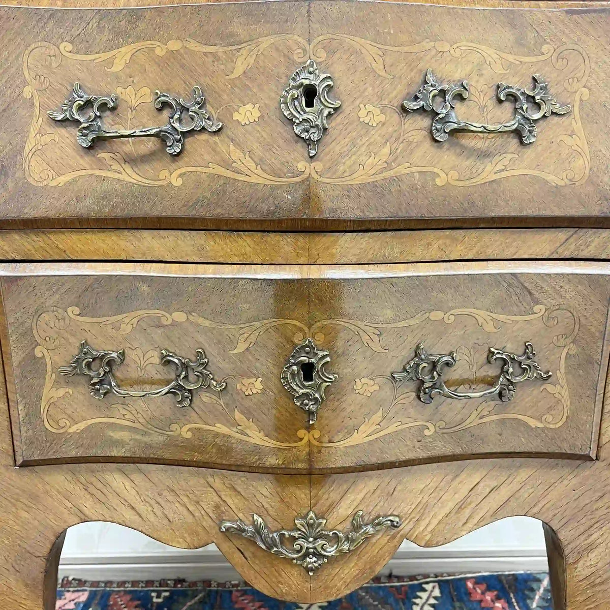 Wooden two-tiered chest (side chest) / Louis XV style / mid-late 20c / walnut / France / no lock, cat legs, inlay, marble top, petite commode, console, storage / [Antique]