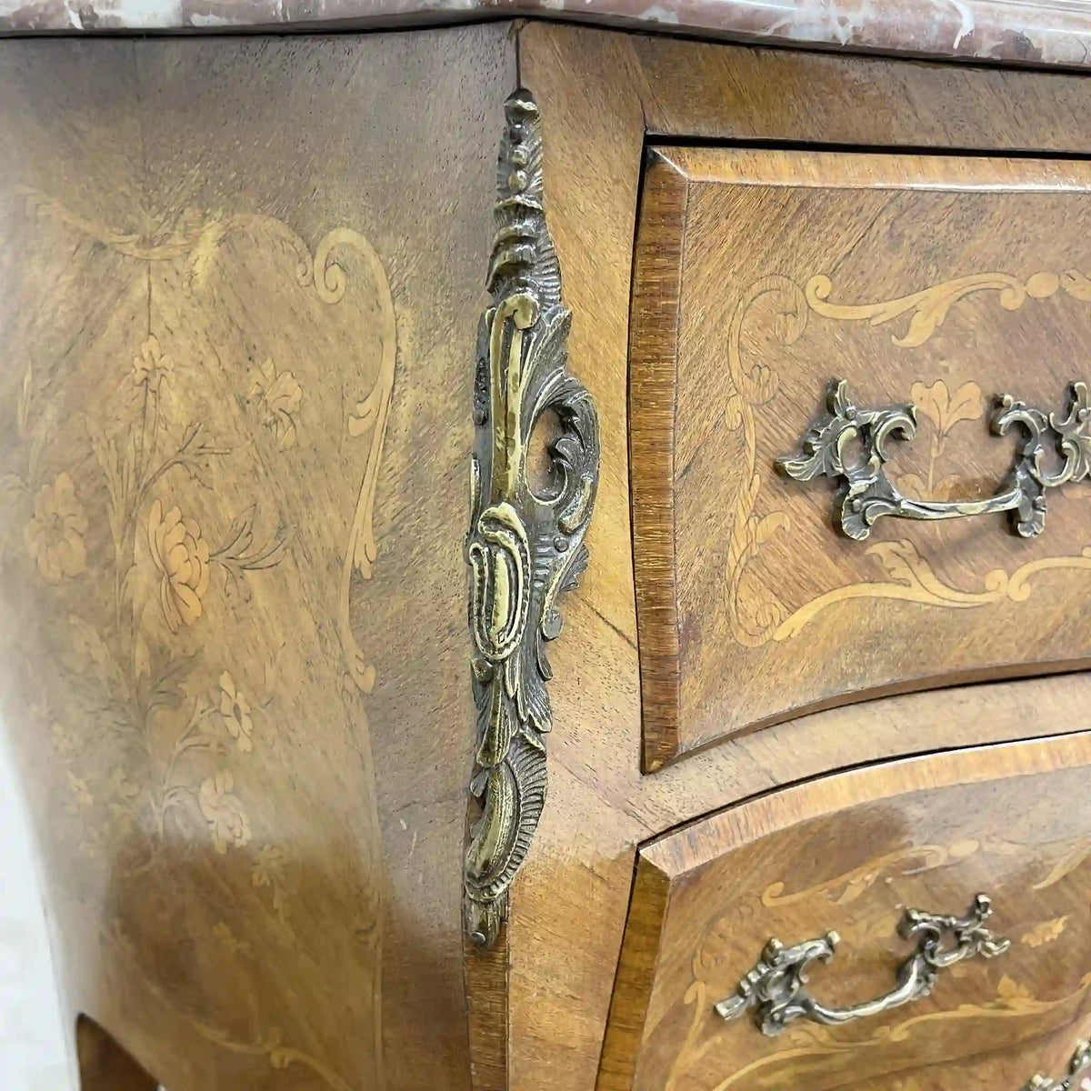 Wooden two-tiered chest (side chest) / Louis XV style / mid-late 20c / walnut / France / no lock, cat legs, inlay, marble top, petite commode, console, storage / [Antique]