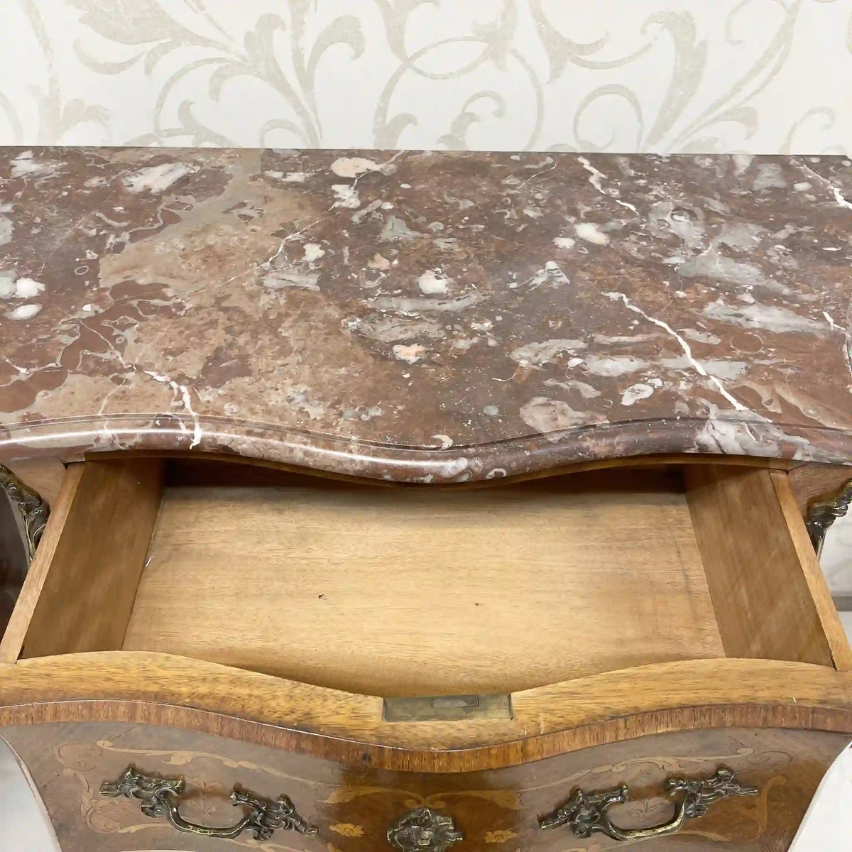 Wooden two-tiered chest (side chest) / Louis XV style / mid-late 20c / walnut / France / no lock, cat legs, inlay, marble top, petite commode, console, storage / [Antique]