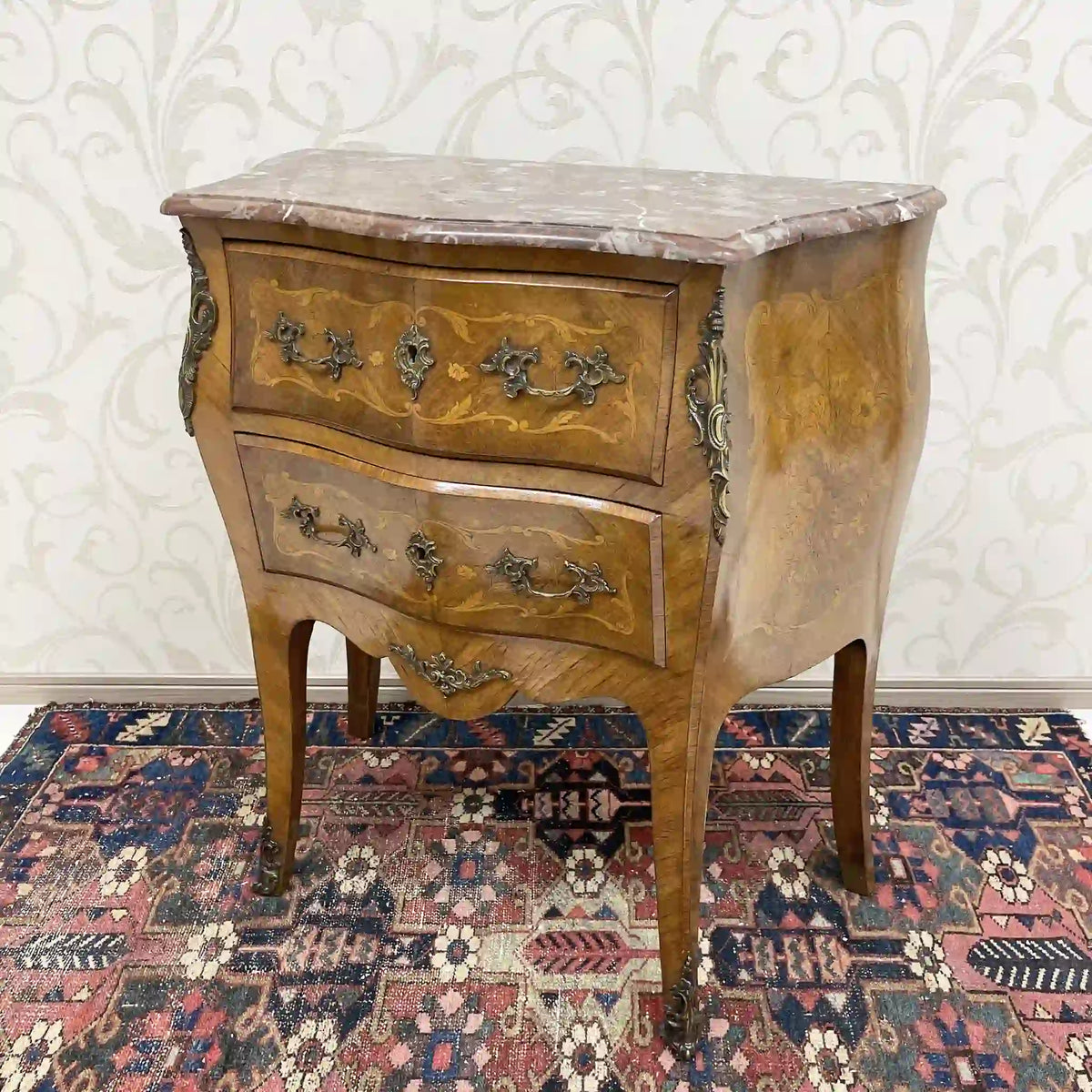 Wooden two-tiered chest (side chest) / Louis XV style / mid-late 20c / walnut / France / no lock, cat legs, inlay, marble top, petite commode, console, storage / [Antique]