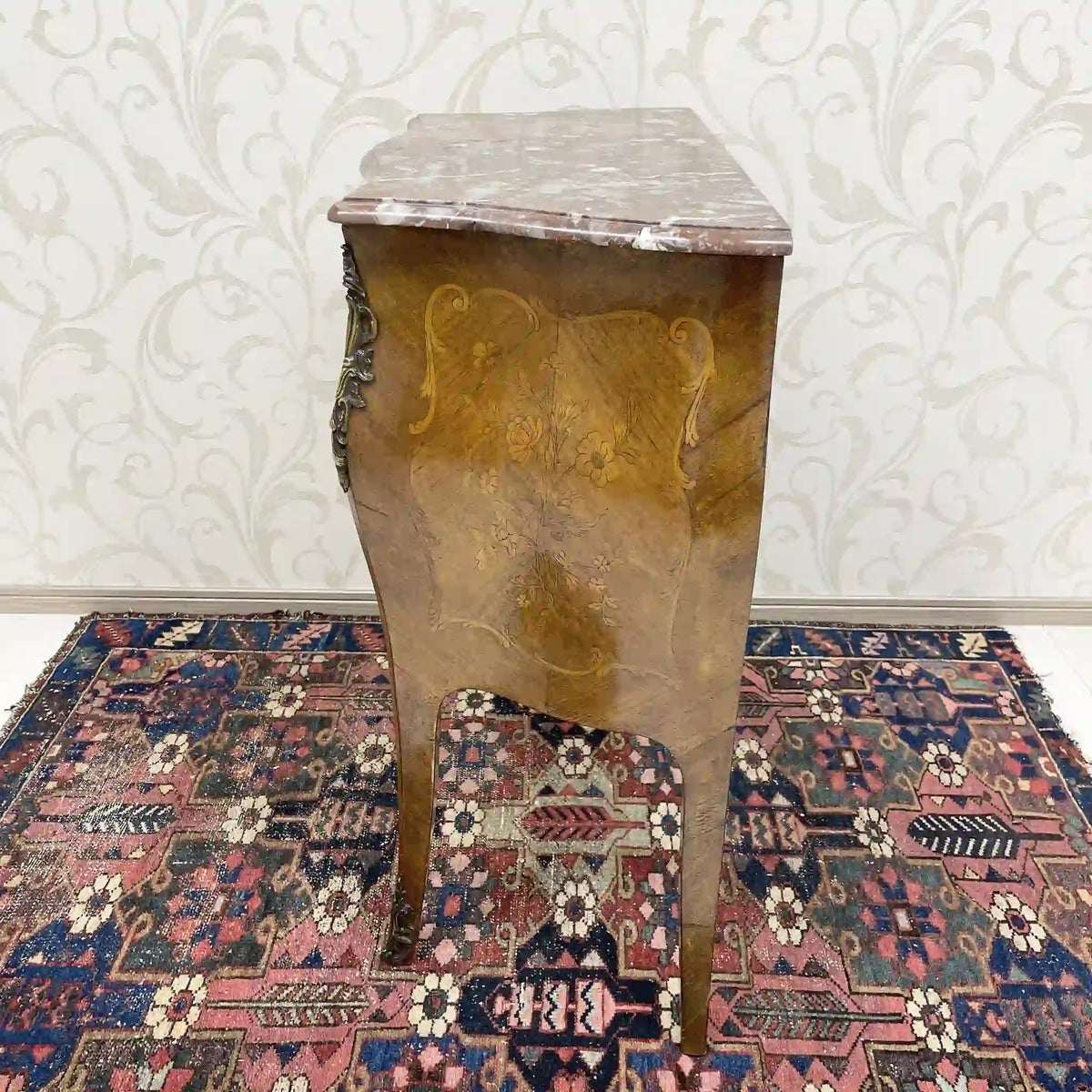 Wooden two-tiered chest (side chest) / Louis XV style / mid-late 20c / walnut / France / no lock, cat legs, inlay, marble top, petite commode, console, storage / [Antique]