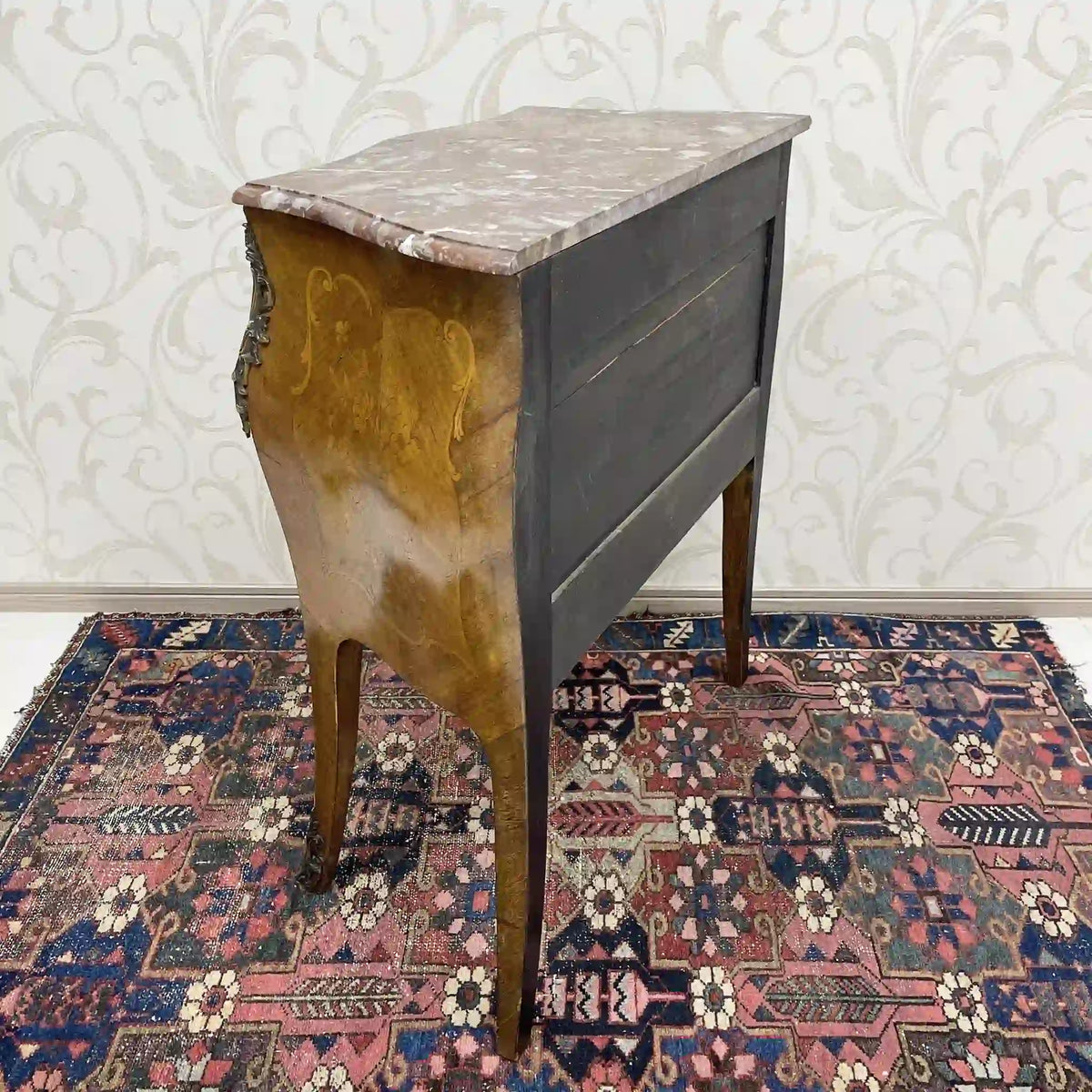 Wooden two-tiered chest (side chest) / Louis XV style / mid-late 20c / walnut / France / no lock, cat legs, inlay, marble top, petite commode, console, storage / [Antique]