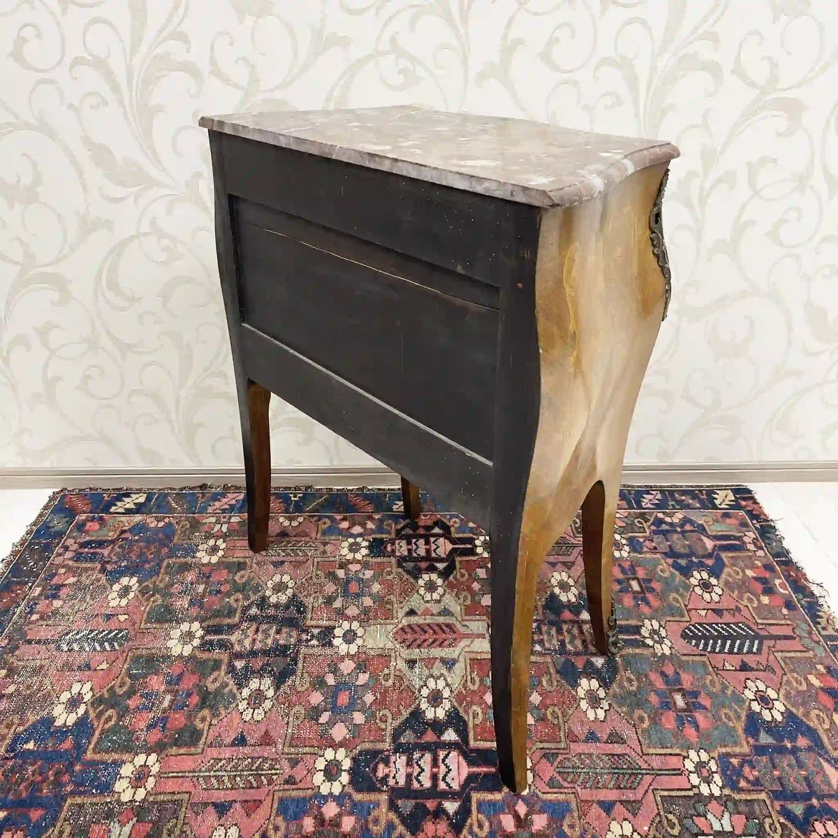Wooden two-tiered chest (side chest) / Louis XV style / mid-late 20c / walnut / France / no lock, cat legs, inlay, marble top, petite commode, console, storage / [Antique]