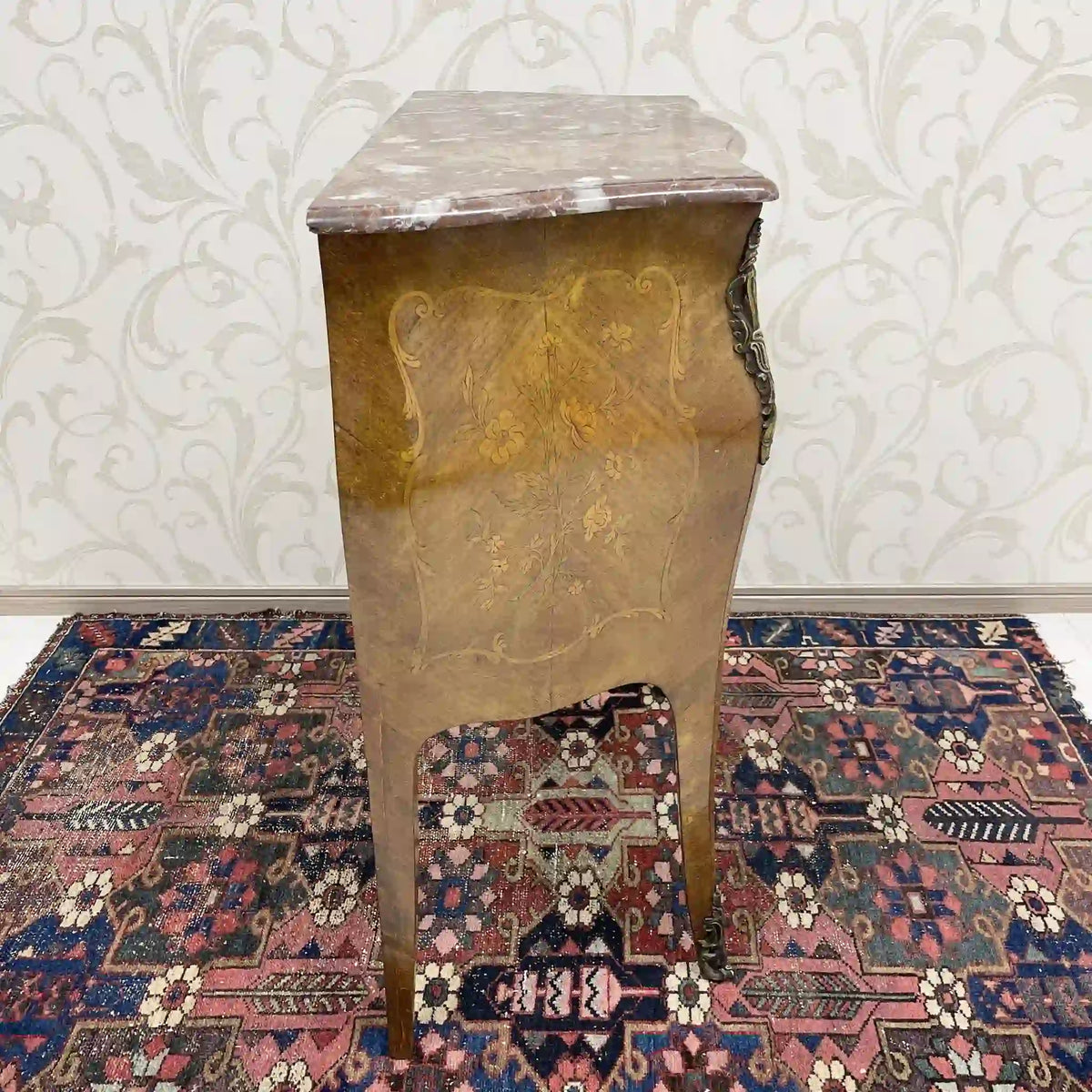 Wooden two-tiered chest (side chest) / Louis XV style / mid-late 20c / walnut / France / no lock, cat legs, inlay, marble top, petite commode, console, storage / [Antique]
