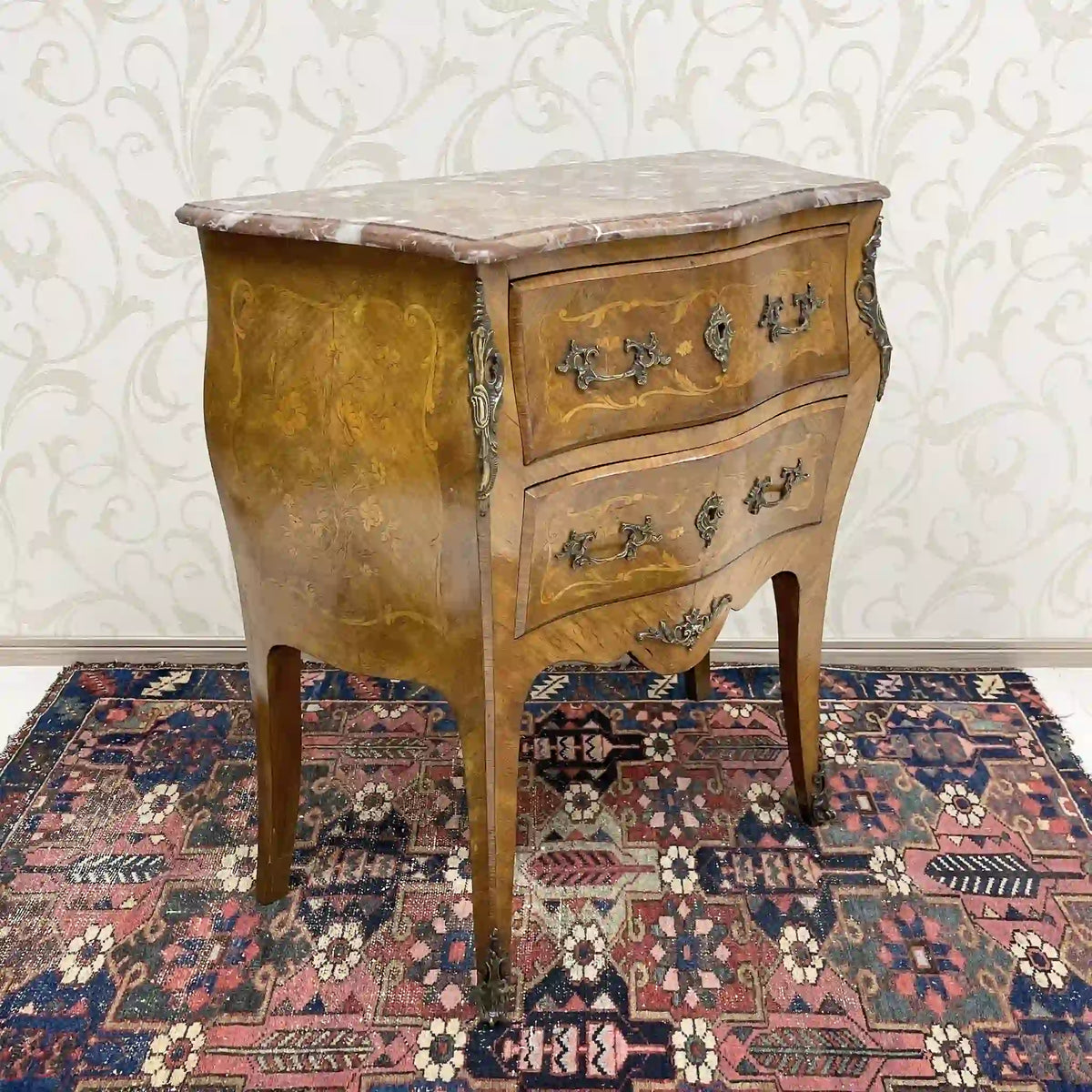 Wooden two-tiered chest (side chest) / Louis XV style / mid-late 20c / walnut / France / no lock, cat legs, inlay, marble top, petite commode, console, storage / [Antique]