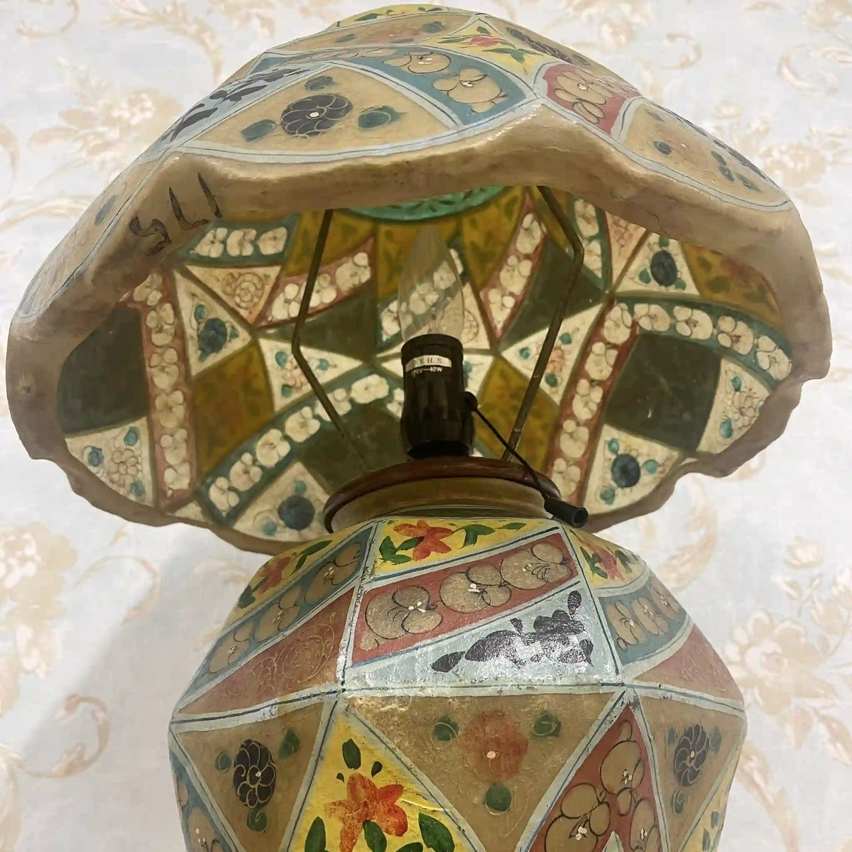 Table lamp / 1970-90s / leather / hand painted, geometric pattern, stand light, old electric tone, mark genuine leather, / [Vintage]