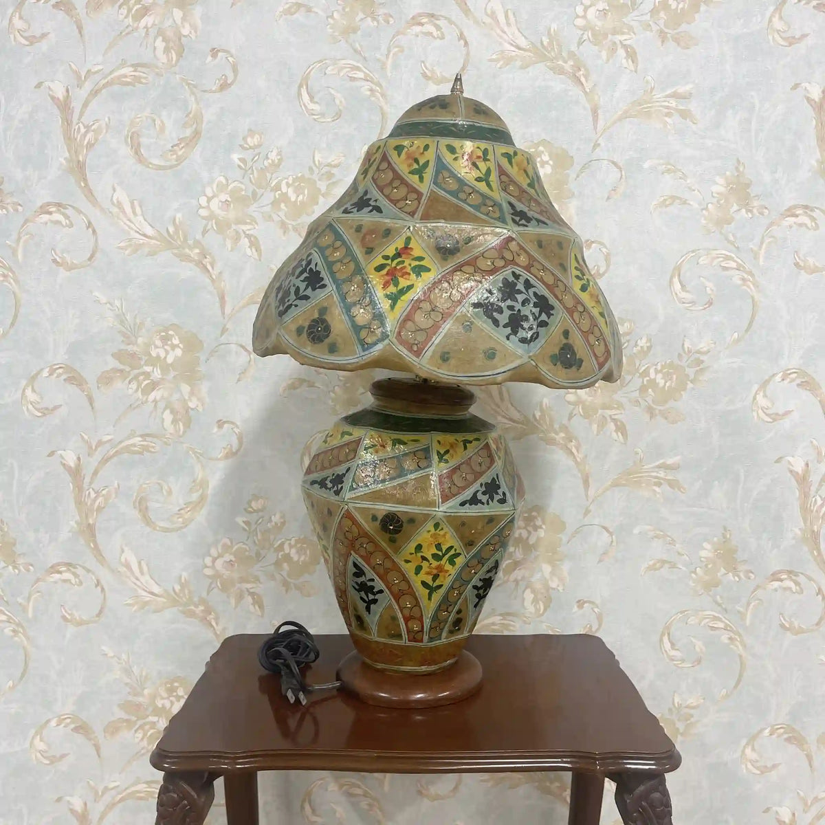 Table lamp / 1970-90s / leather / hand painted, geometric pattern, stand light, old electric tone, mark genuine leather, / [Vintage]