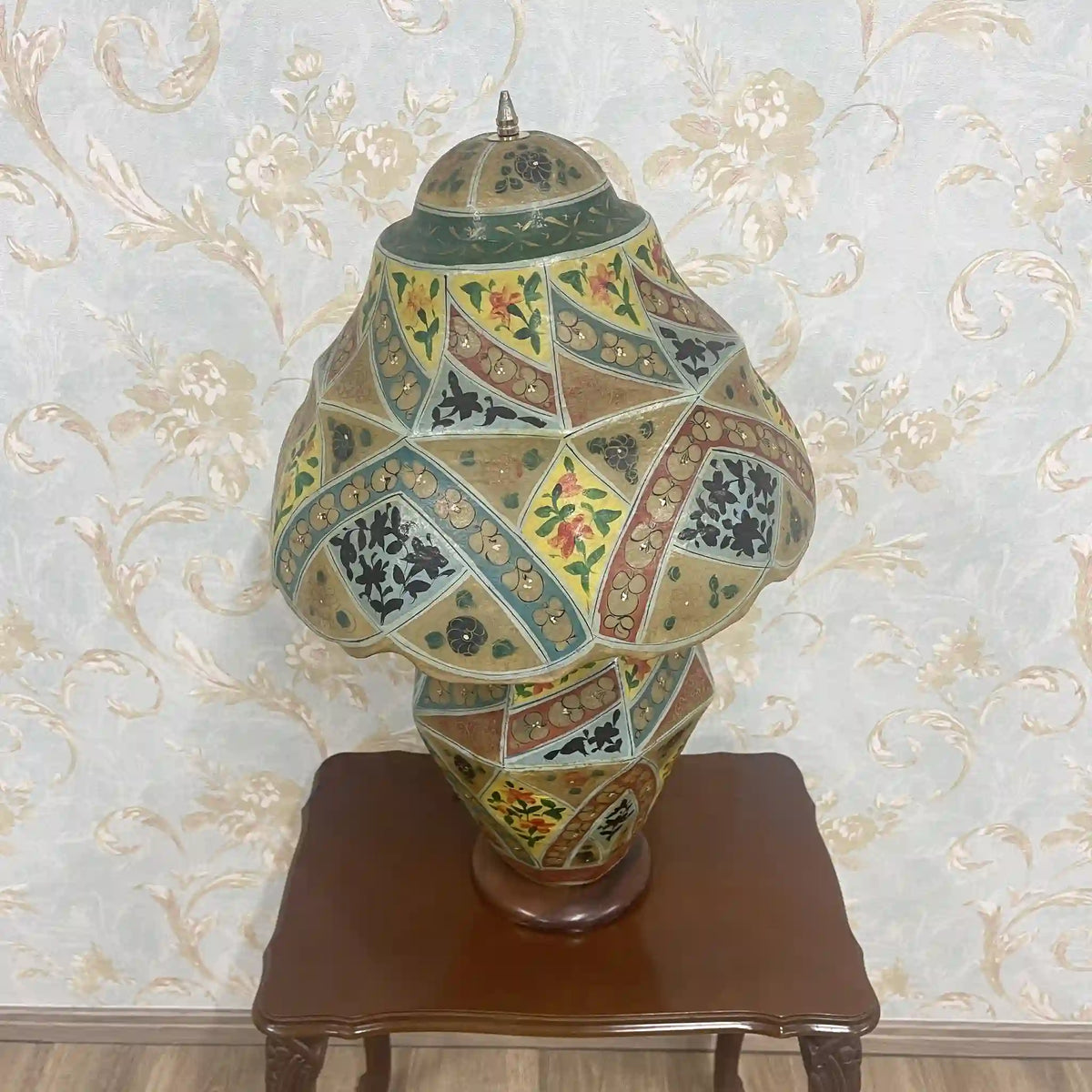 Table lamp / 1970-90s / leather / hand painted, geometric pattern, stand light, old electric tone, mark genuine leather, / [Vintage]