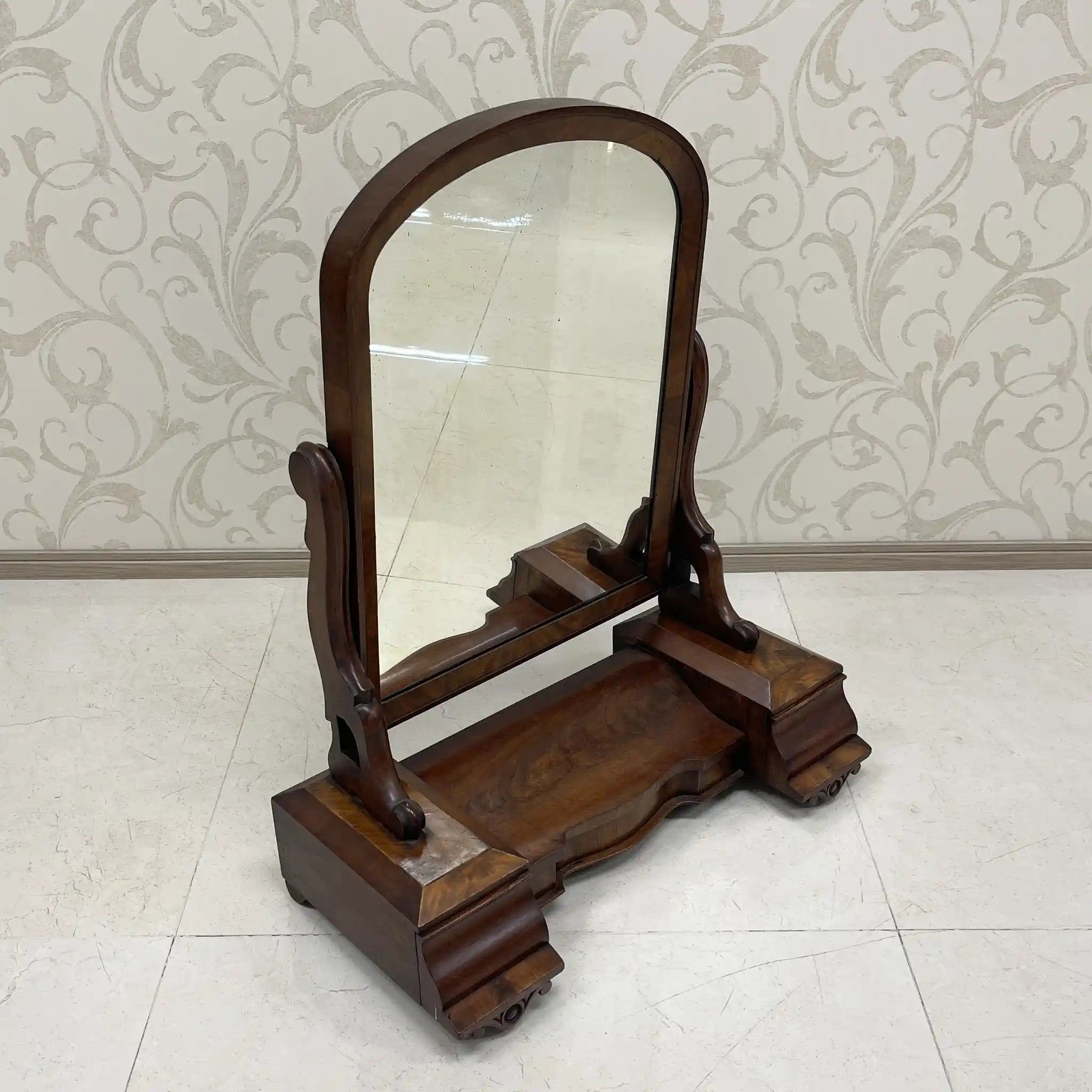 Dressing Mirror / 1830-1900s / Wood / Victorian, Scroll Carving, Bentwood Supports, Arched Frame, Walnut Grain / [Antique]