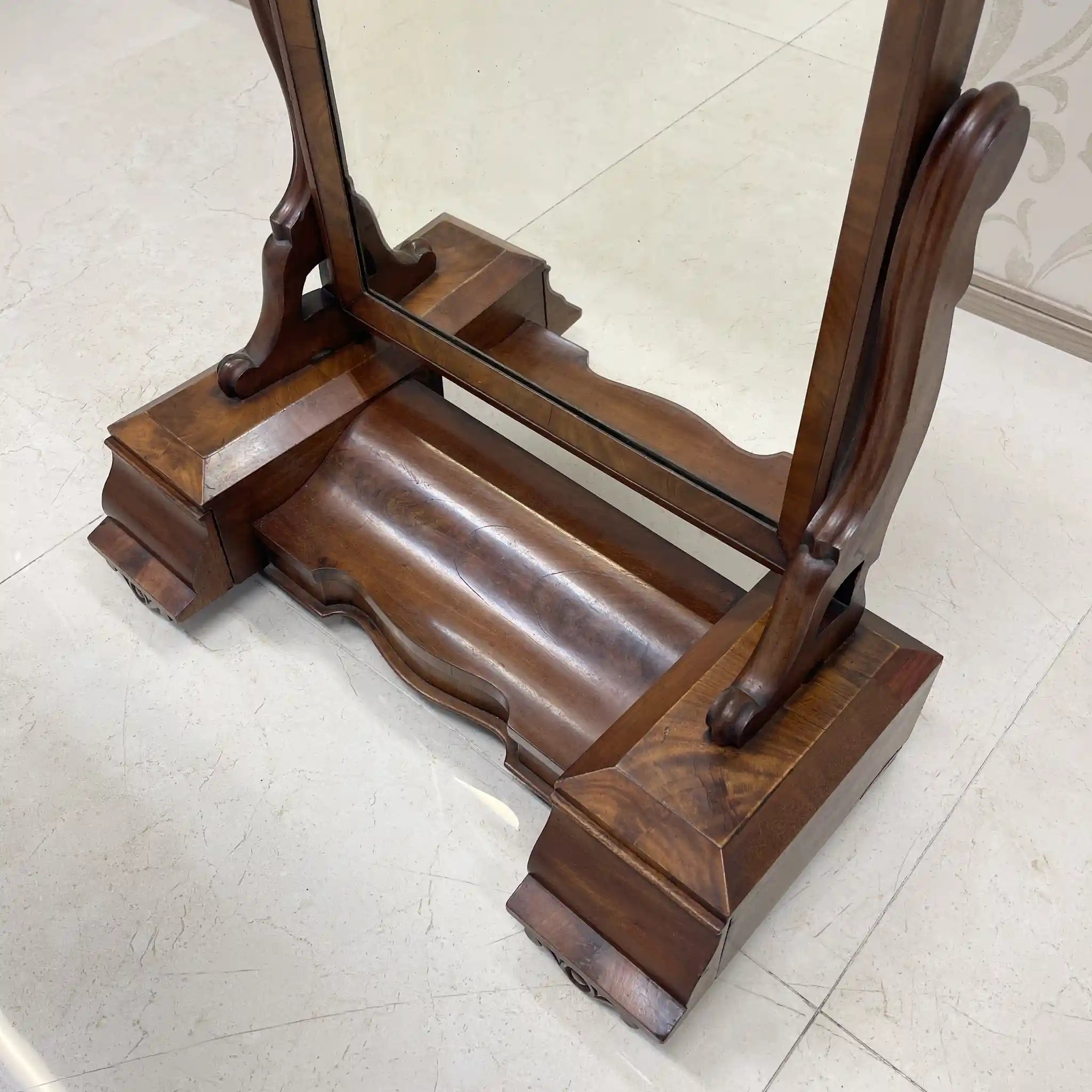 Dressing Mirror / 1830-1900s / Wood / Victorian, Scroll Carving, Bentwood Supports, Arched Frame, Walnut Grain / [Antique]