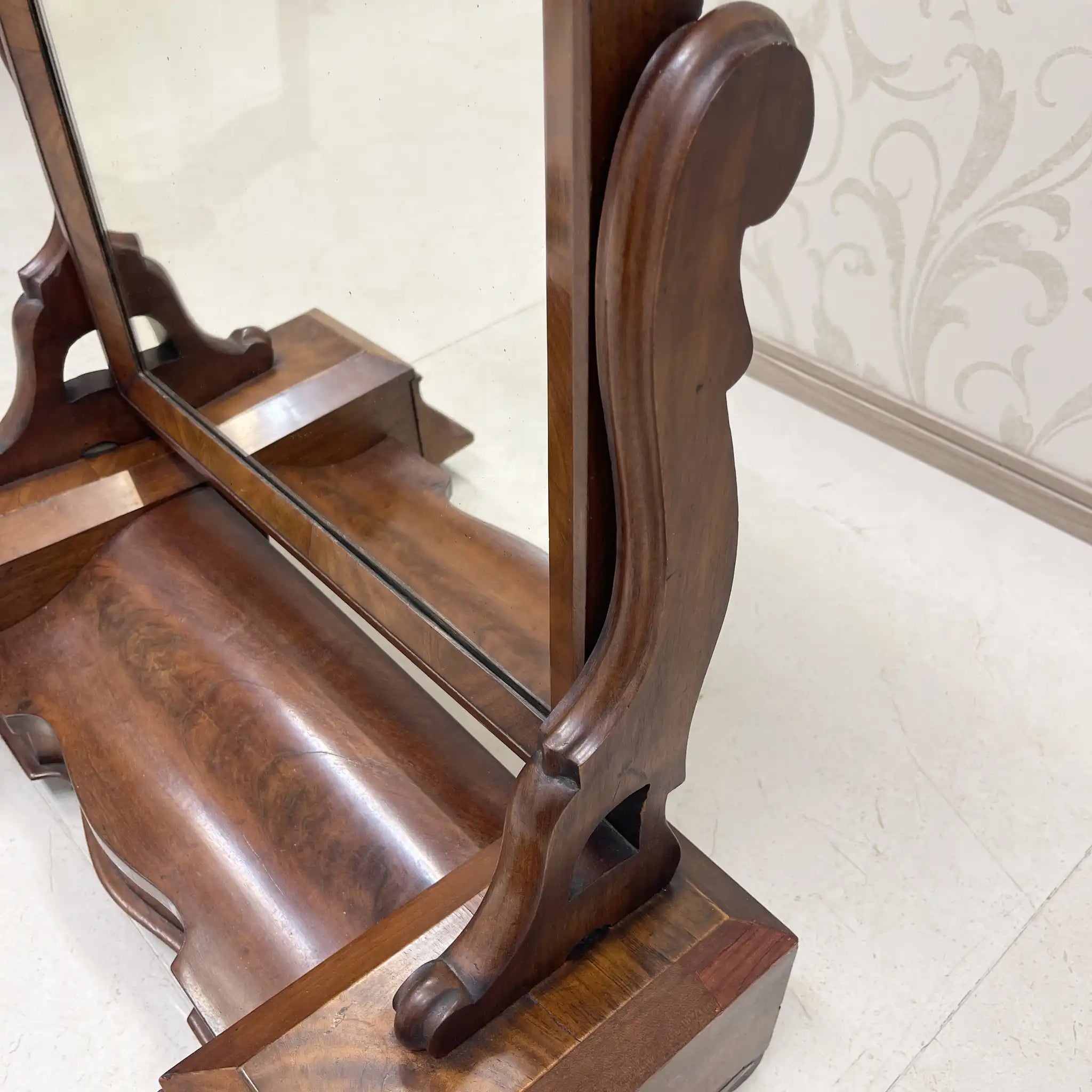 Dressing Mirror / 1830-1900s / Wood / Victorian, Scroll Carving, Bentwood Supports, Arched Frame, Walnut Grain / [Antique]