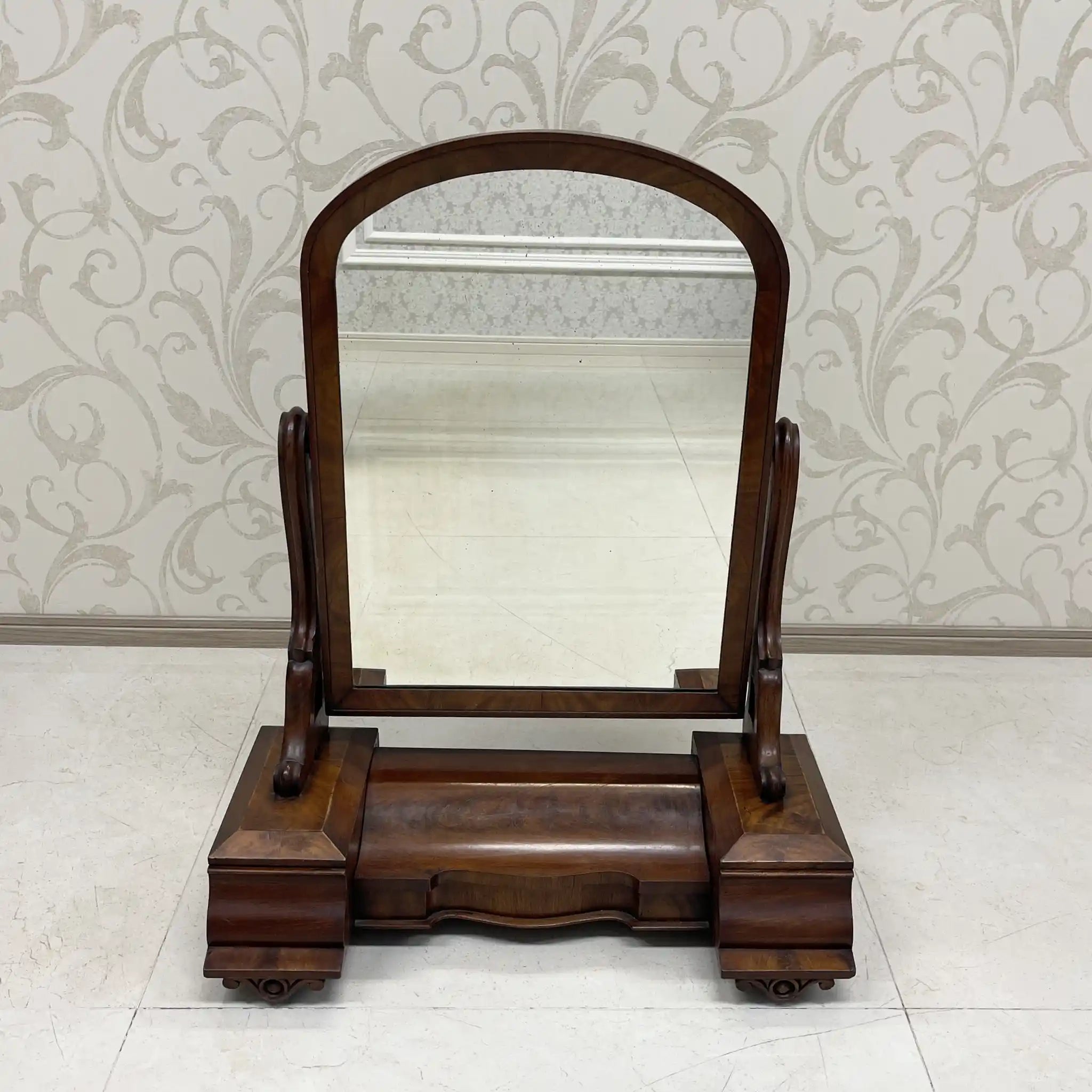 Dressing Mirror / 1830-1900s / Wood / Victorian, Scroll Carving, Bentwood Supports, Arched Frame, Walnut Grain / [Antique]