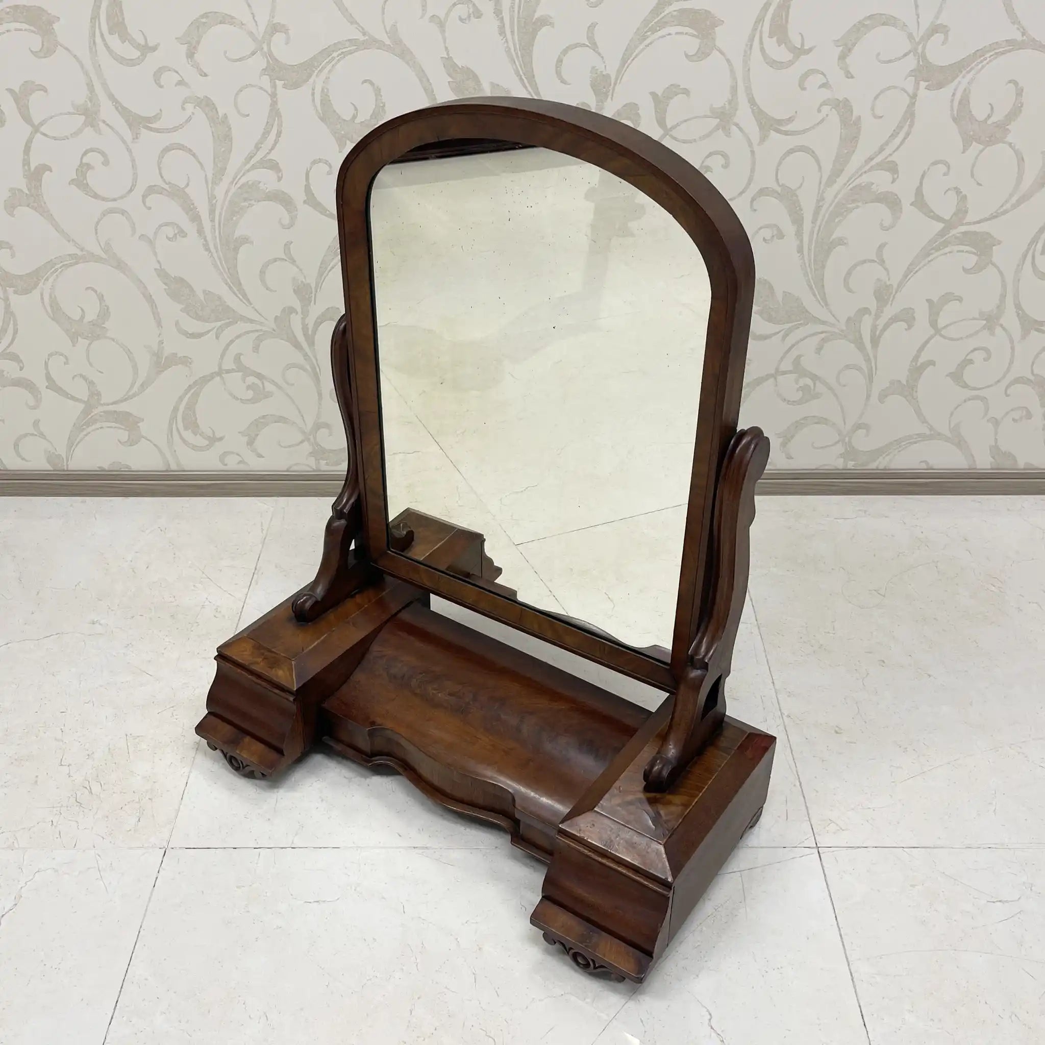 Dressing Mirror / 1830-1900s / Wood / Victorian, Scroll Carving, Bentwood Supports, Arched Frame, Walnut Grain / [Antique]