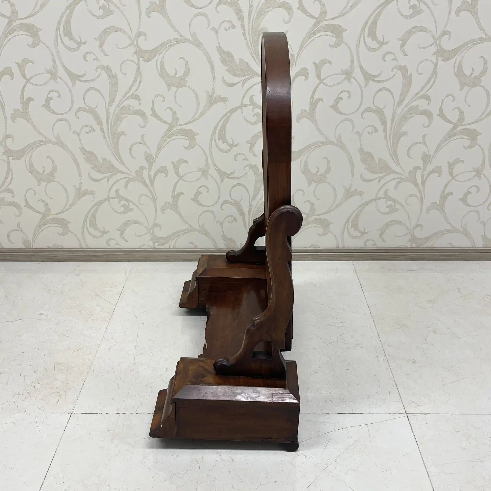 Dressing Mirror / 1830-1900s / Wood / Victorian, Scroll Carving, Bentwood Supports, Arched Frame, Walnut Grain / [Antique]