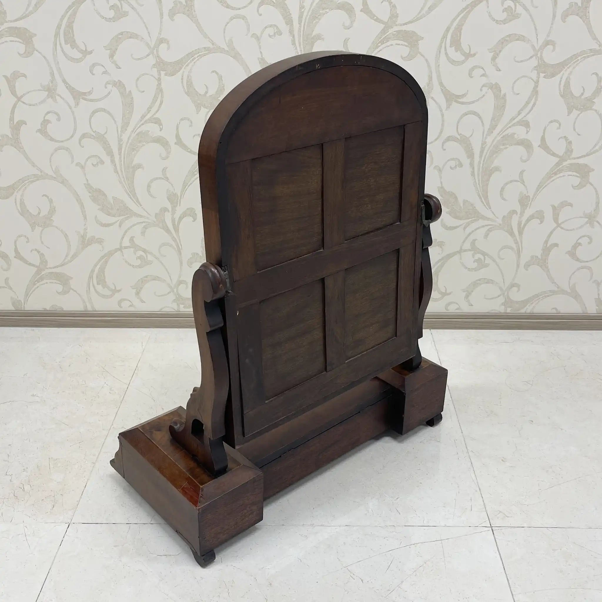 Dressing Mirror / 1830-1900s / Wood / Victorian, Scroll Carving, Bentwood Supports, Arched Frame, Walnut Grain / [Antique]