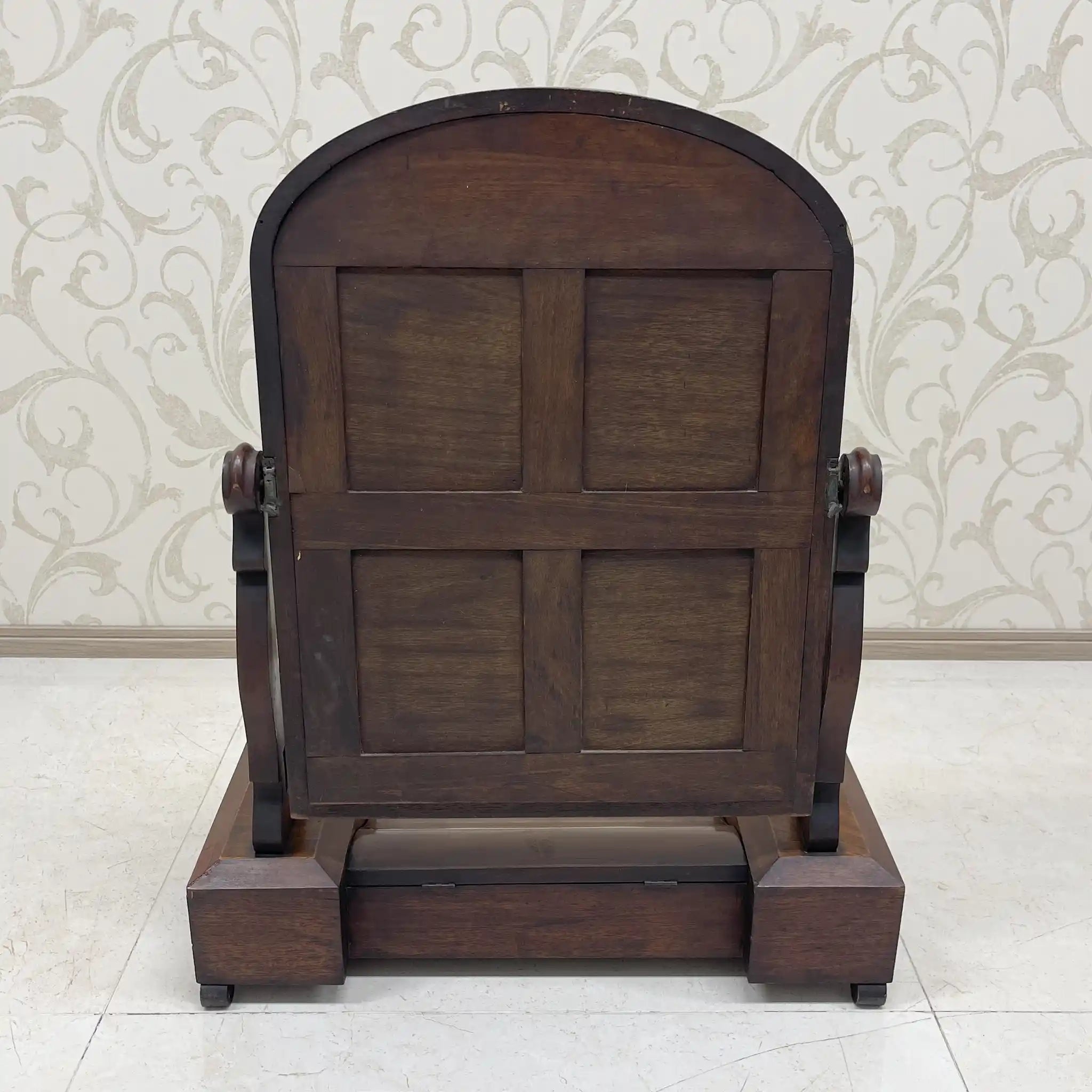 Dressing Mirror / 1830-1900s / Wood / Victorian, Scroll Carving, Bentwood Supports, Arched Frame, Walnut Grain / [Antique]
