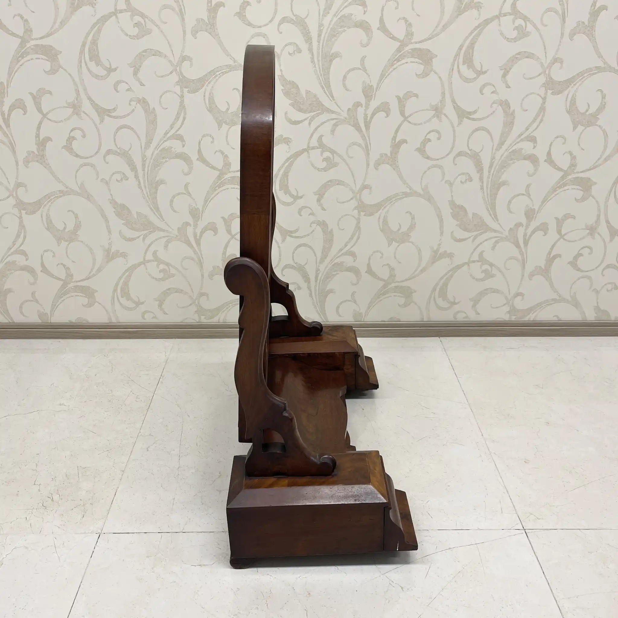 Dressing Mirror / 1830-1900s / Wood / Victorian, Scroll Carving, Bentwood Supports, Arched Frame, Walnut Grain / [Antique]