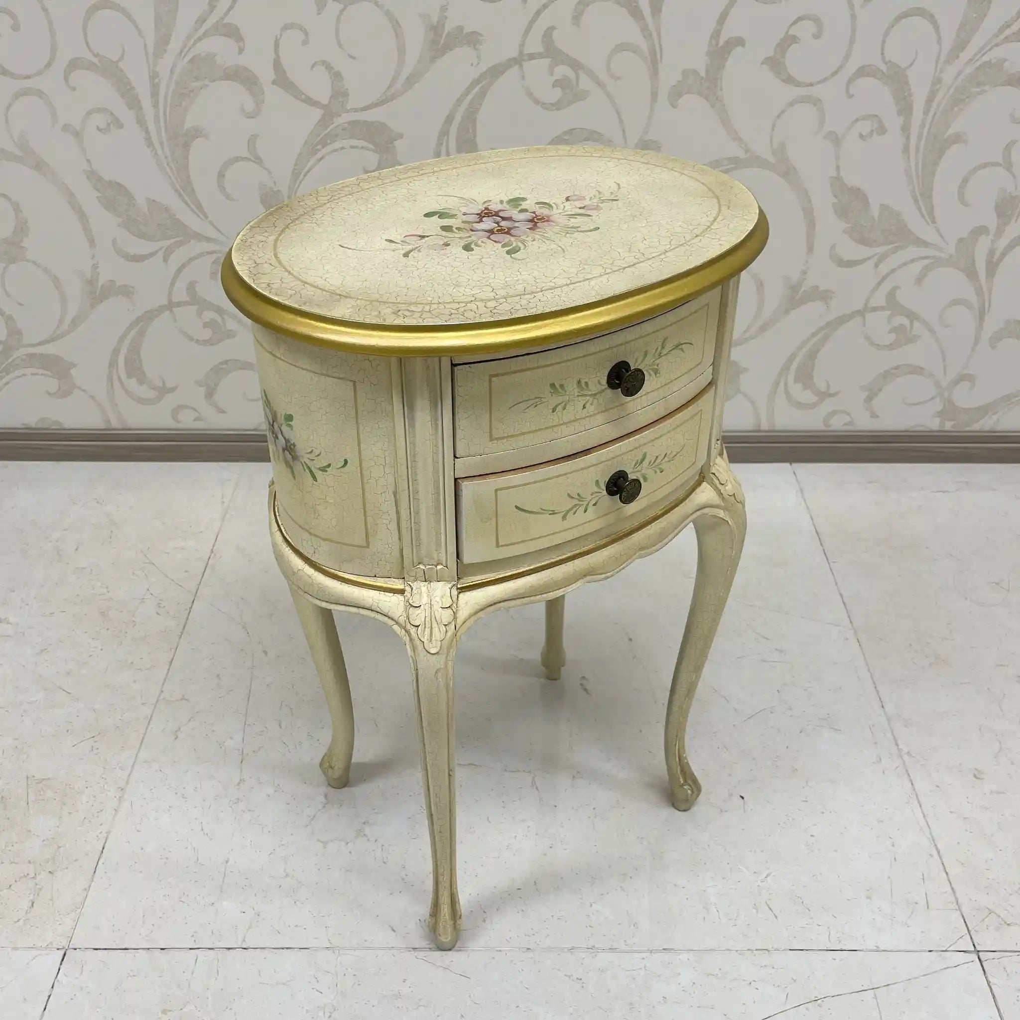 Side Chest / Late 20th Century / Wood / Cabriole Legs, Floral, Gilt, Hand-Painted / [Antique]