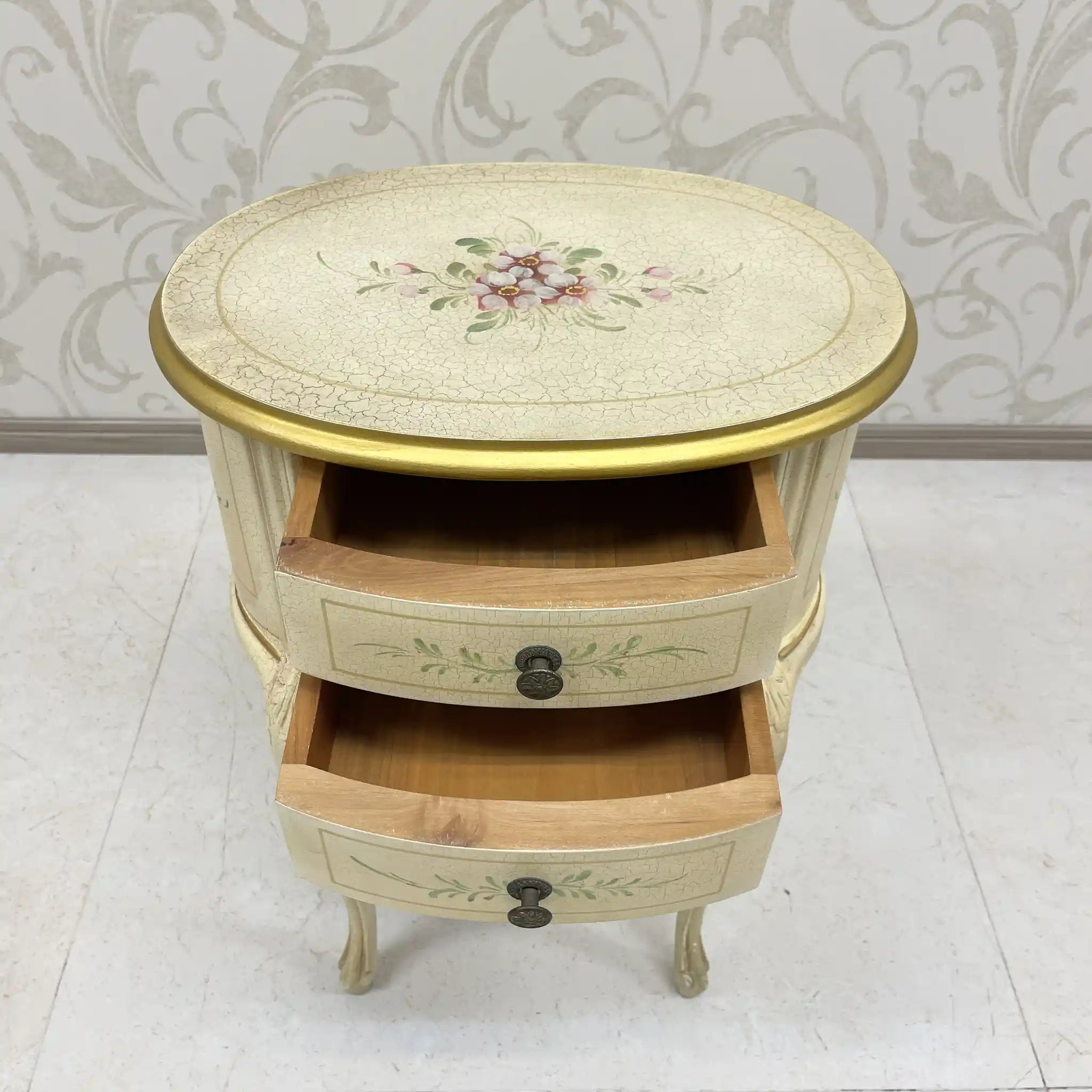 Side Chest / Late 20th Century / Wood / Cabriole Legs, Floral, Gilt, Hand-Painted / [Antique]