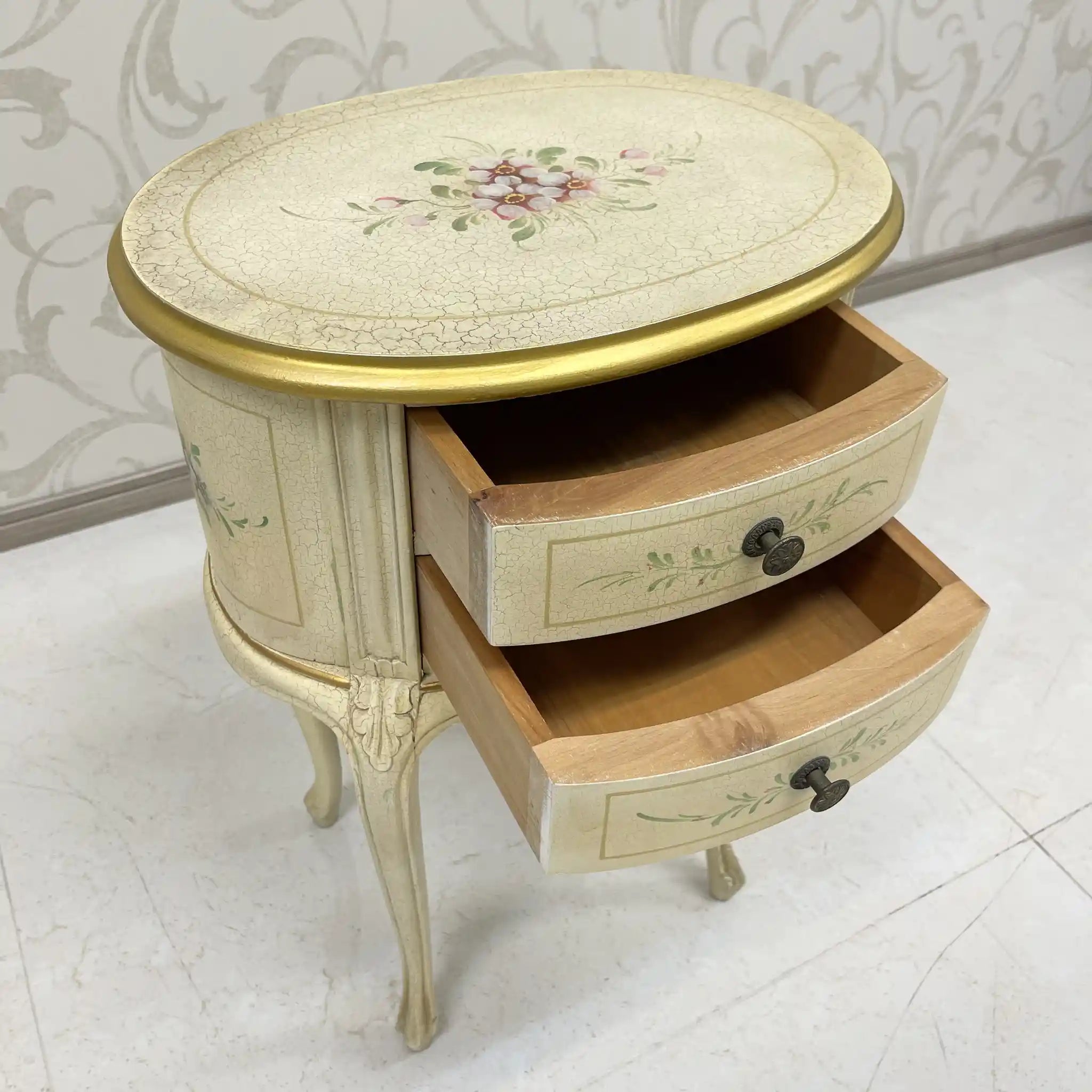 Side Chest / Late 20th Century / Wood / Cabriole Legs, Floral, Gilt, Hand-Painted / [Antique]