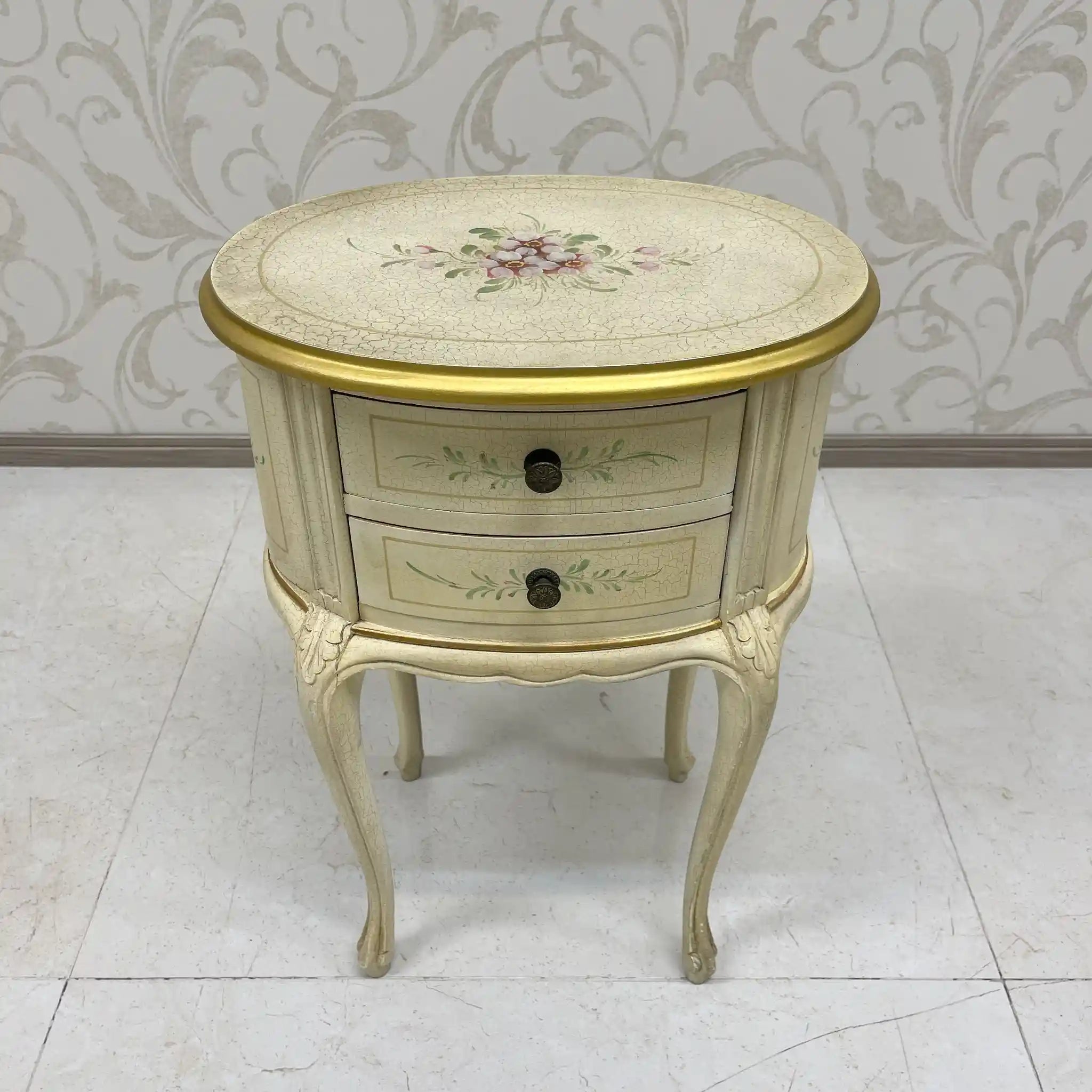 Side Chest / Late 20th Century / Wood / Cabriole Legs, Floral, Gilt, Hand-Painted / [Antique]