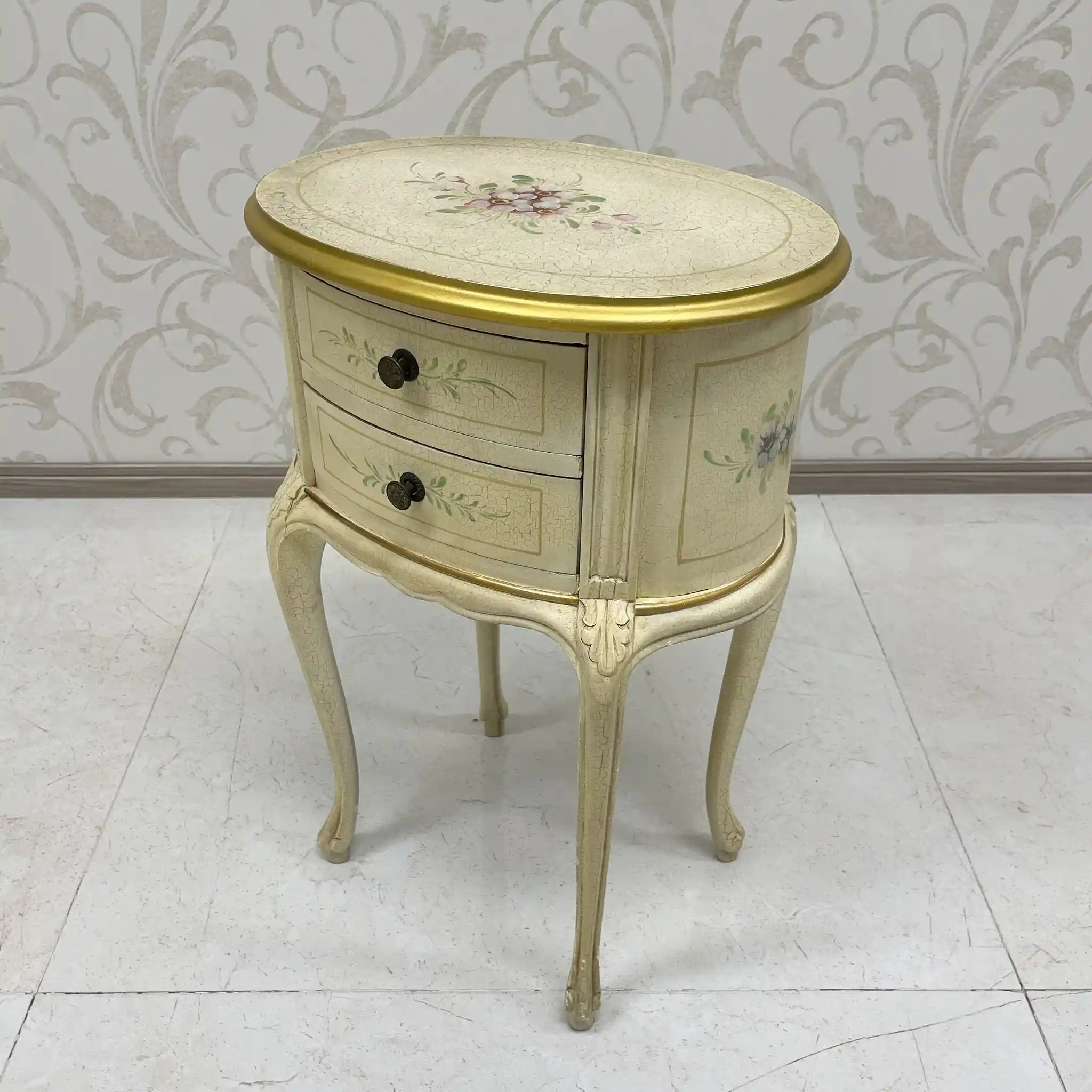 Side Chest / Late 20th Century / Wood / Cabriole Legs, Floral, Gilt, Hand-Painted / [Antique]