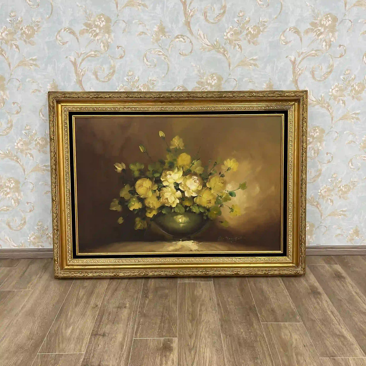 アンティーク　油絵　花束の油彩画 金色フレーム B. Redfearn（レッドファーン） / 絵画(アート) / 黄薔薇と緑のガラス
