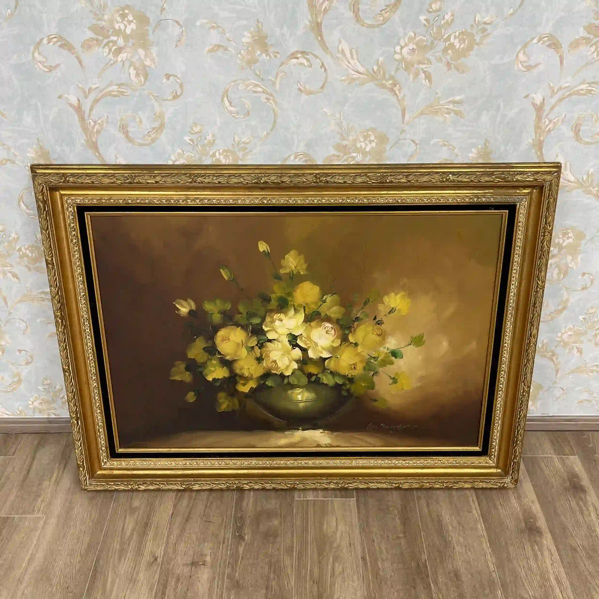 花の油彩画 金色フレーム付き B. Redfearn（レッドファーン） / 絵画(アート) / 黄薔薇と緑のガラス