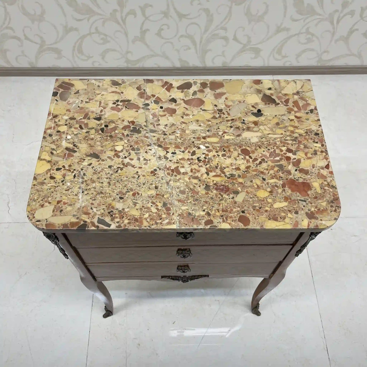 Side chest / Louis XV style / France / Inlay (marquetry), marble top, cat legs / [Antique]