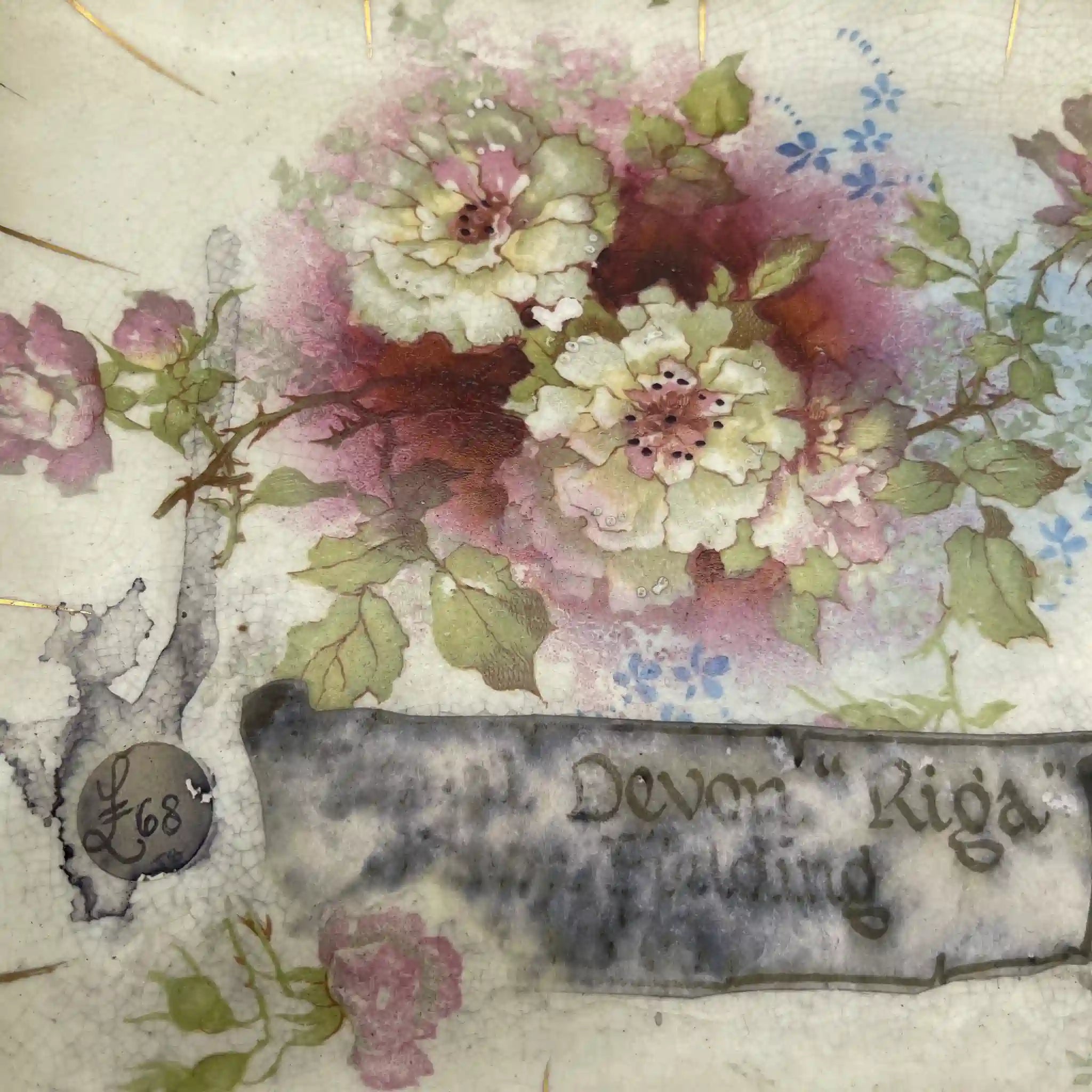 【アンティーク】 スクエアプレート (角皿) / Crown Devon (クラウンデボン) / Riga / 1890-1910年代 / 陶器 / イギリス / 銅板転写, 手彩色 金彩