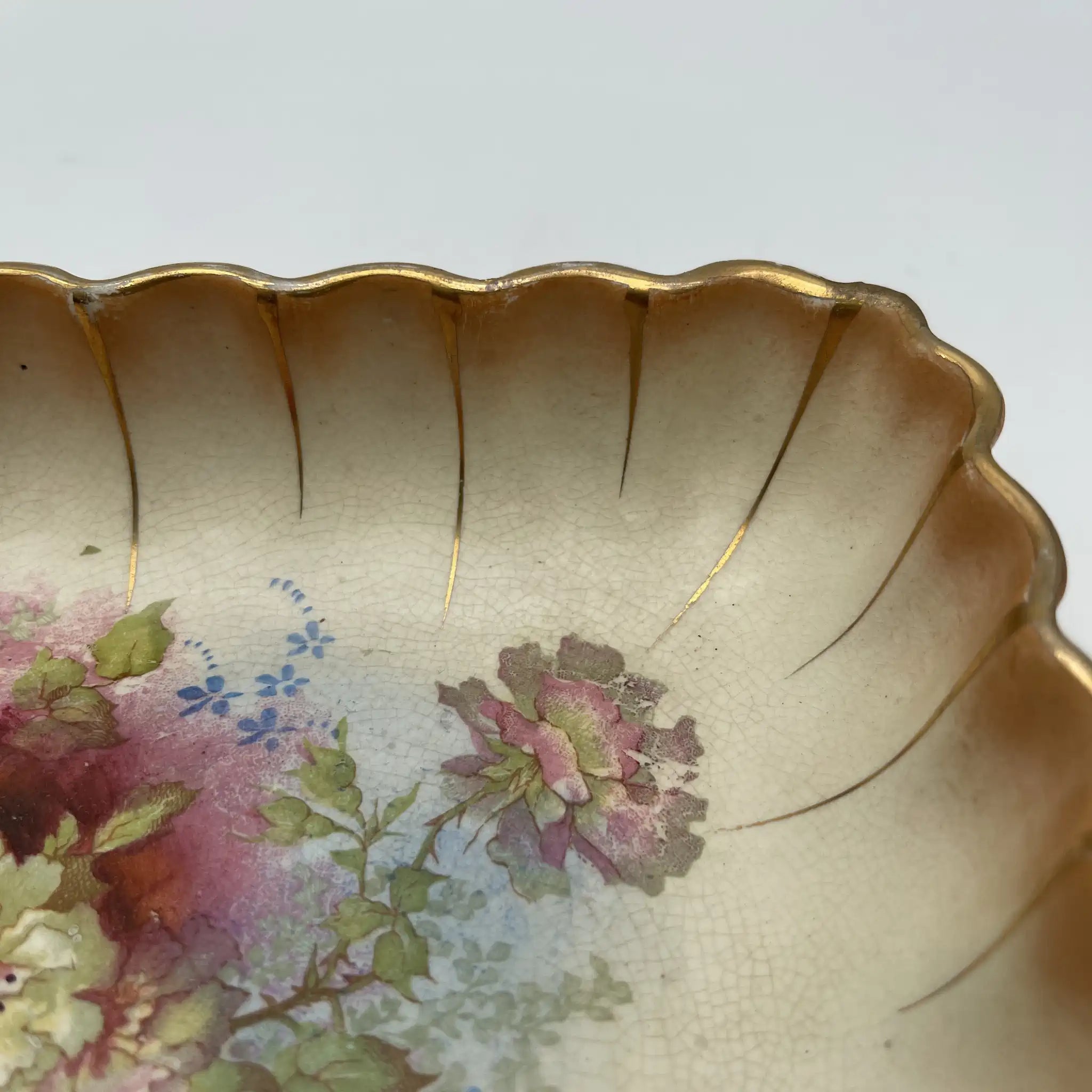 【アンティーク】 スクエアプレート (角皿) / Crown Devon (クラウンデボン) / Riga / 1890-1910年代 / 陶器 / イギリス / 銅板転写, 手彩色 金彩