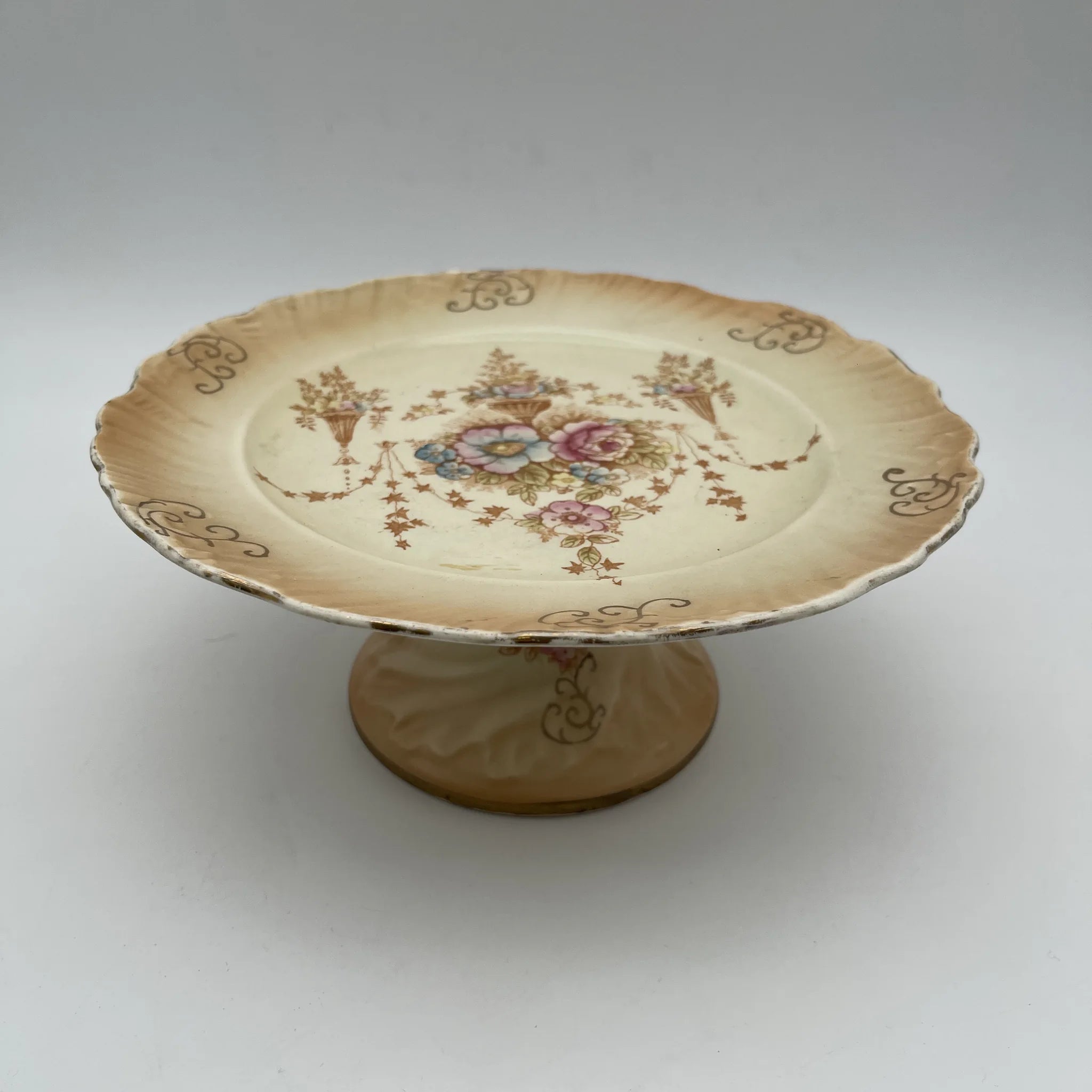 【アンティーク】 コンポート (高台皿) / Crown Devon (クラウンデボン) / Spring / 1910-1920年代 / 陶器 / イギリス / 銅板転写, 手彩色 金彩