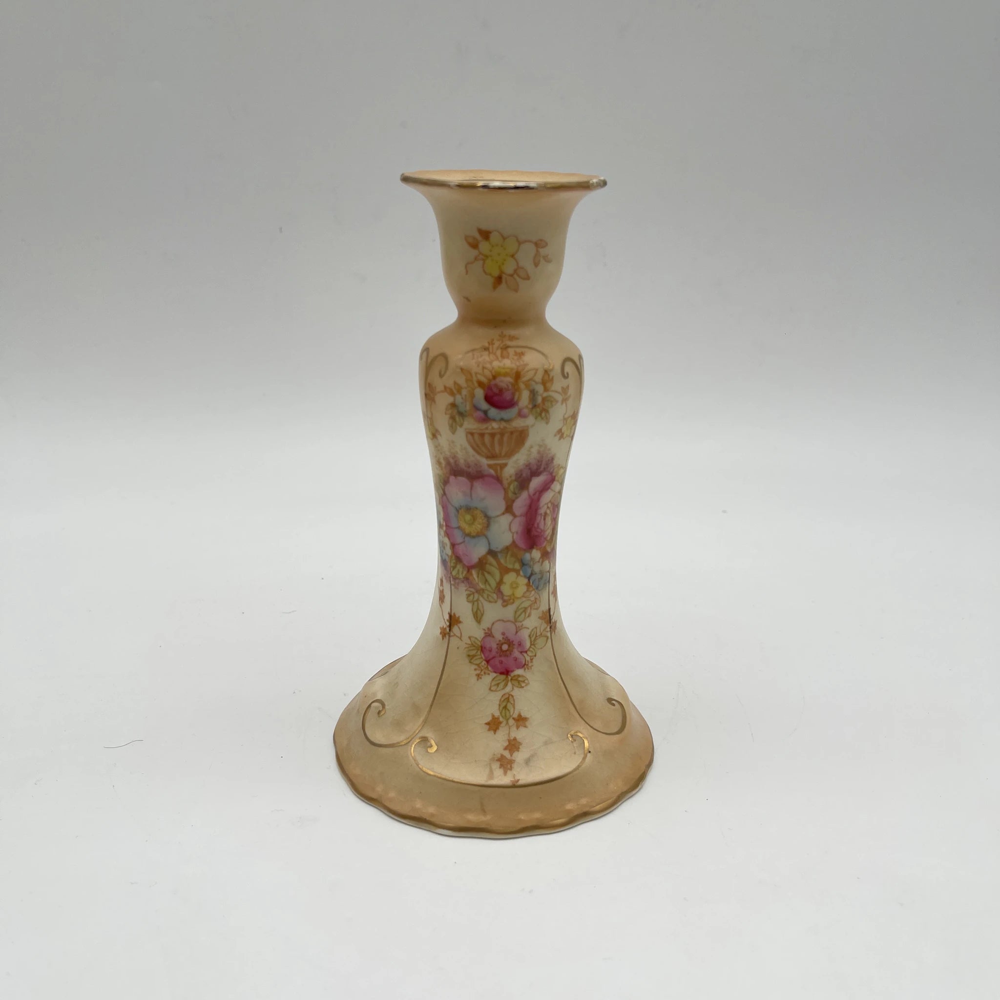 【アンティーク】 キャンドルスタンド (燭台) / Crown Devon (クラウンデボン) / 1910-1920年代 (推定) / 陶器 / イギリス / 銅板転写, 手彩色 金彩