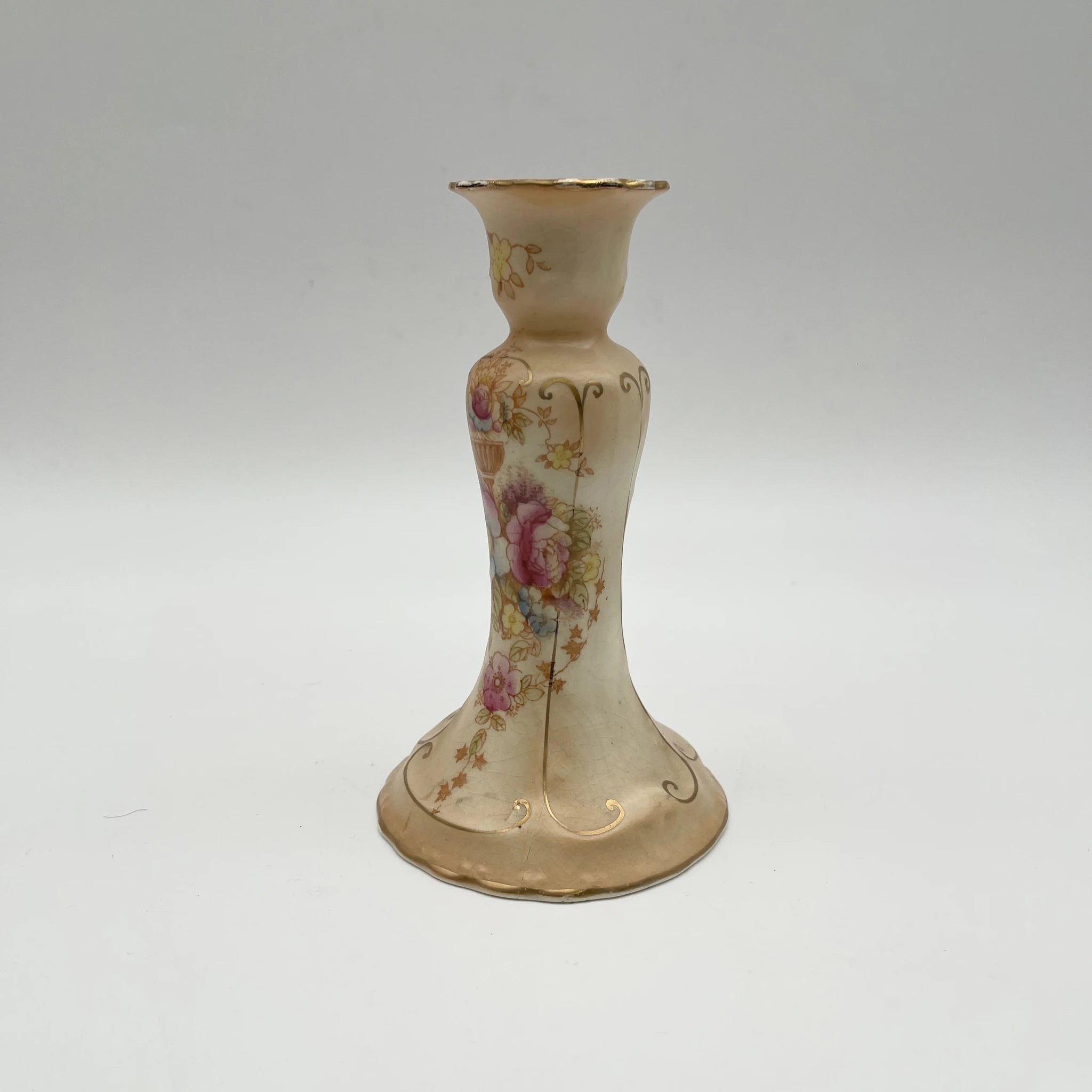 【アンティーク】 キャンドルスタンド (燭台) / Crown Devon (クラウンデボン) / 1910-1920年代 (推定) / 陶器 / イギリス / 銅板転写, 手彩色 金彩